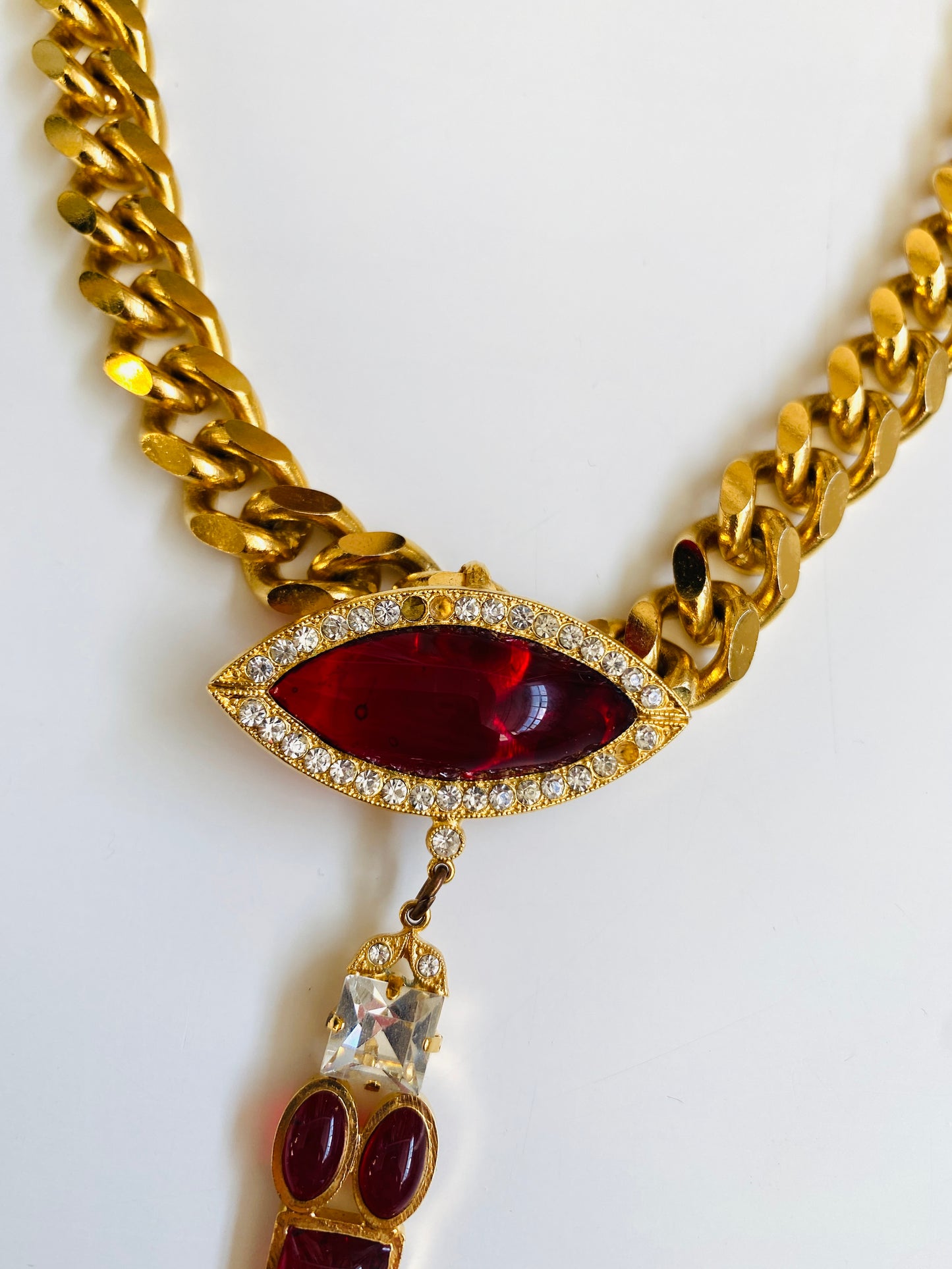 Vintage 1990s B&W Red Heart Charm Chunky Gold Chain Necklace 