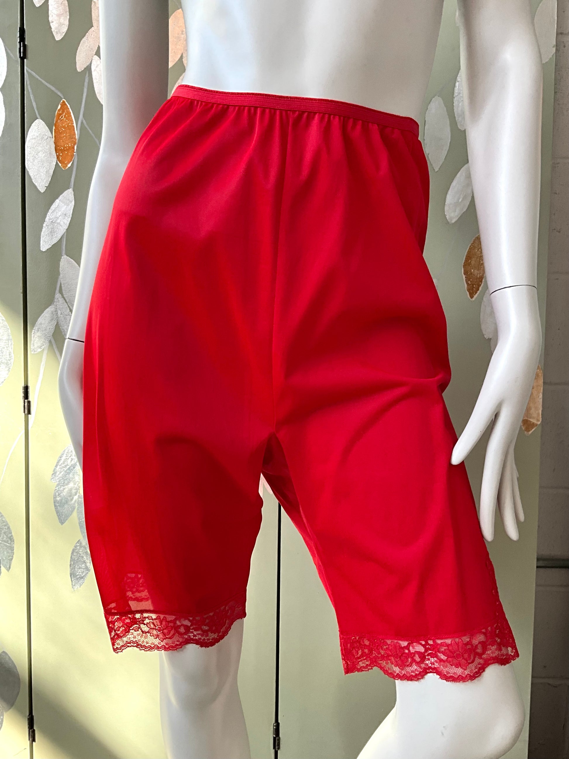 Vintage 1960s Black and Red Nylon Lace Trim Slip Shorts