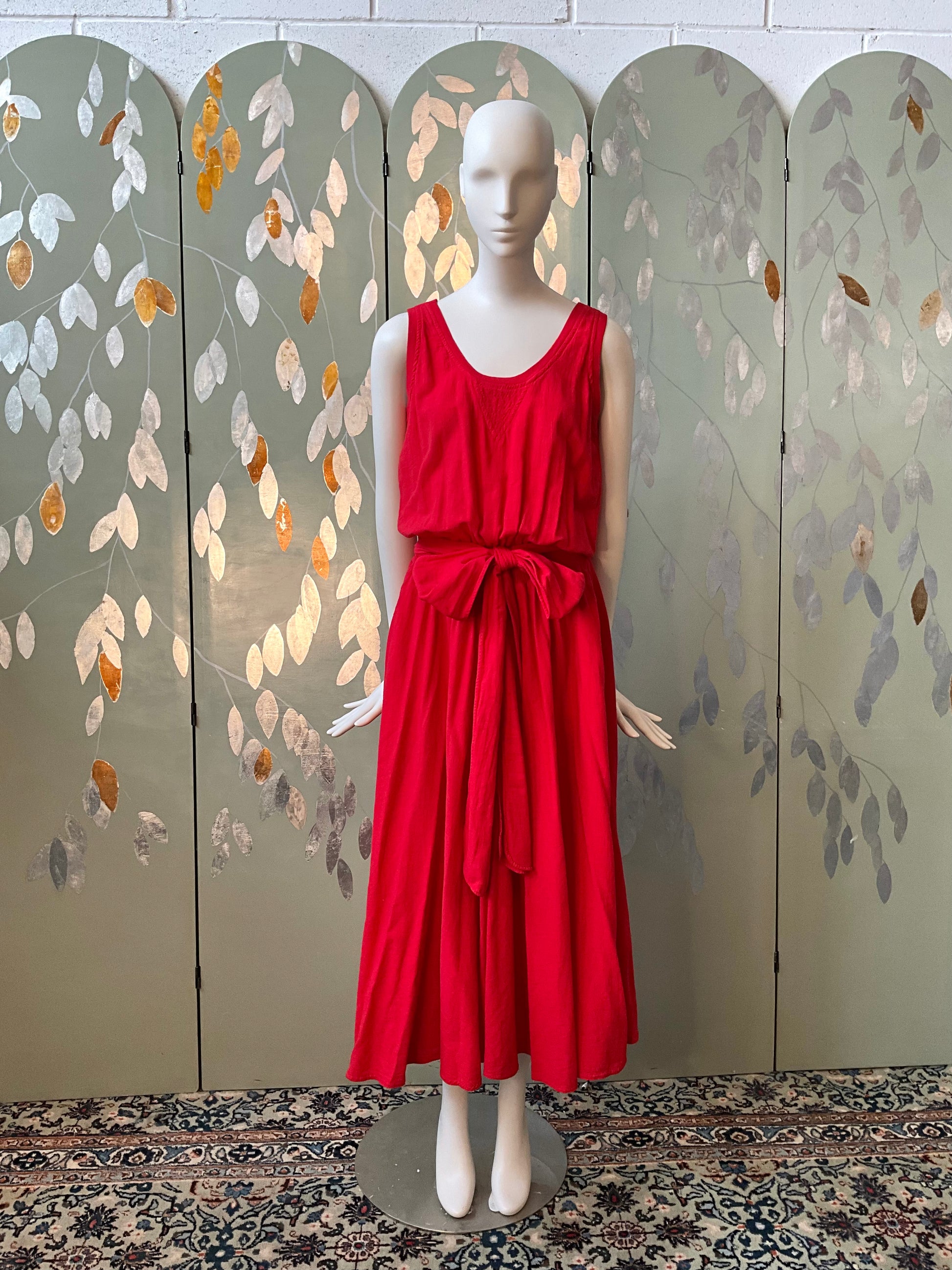 Vintage 1980s Red Cotton Tank Top Maxi Dress, Made in USA, S/M