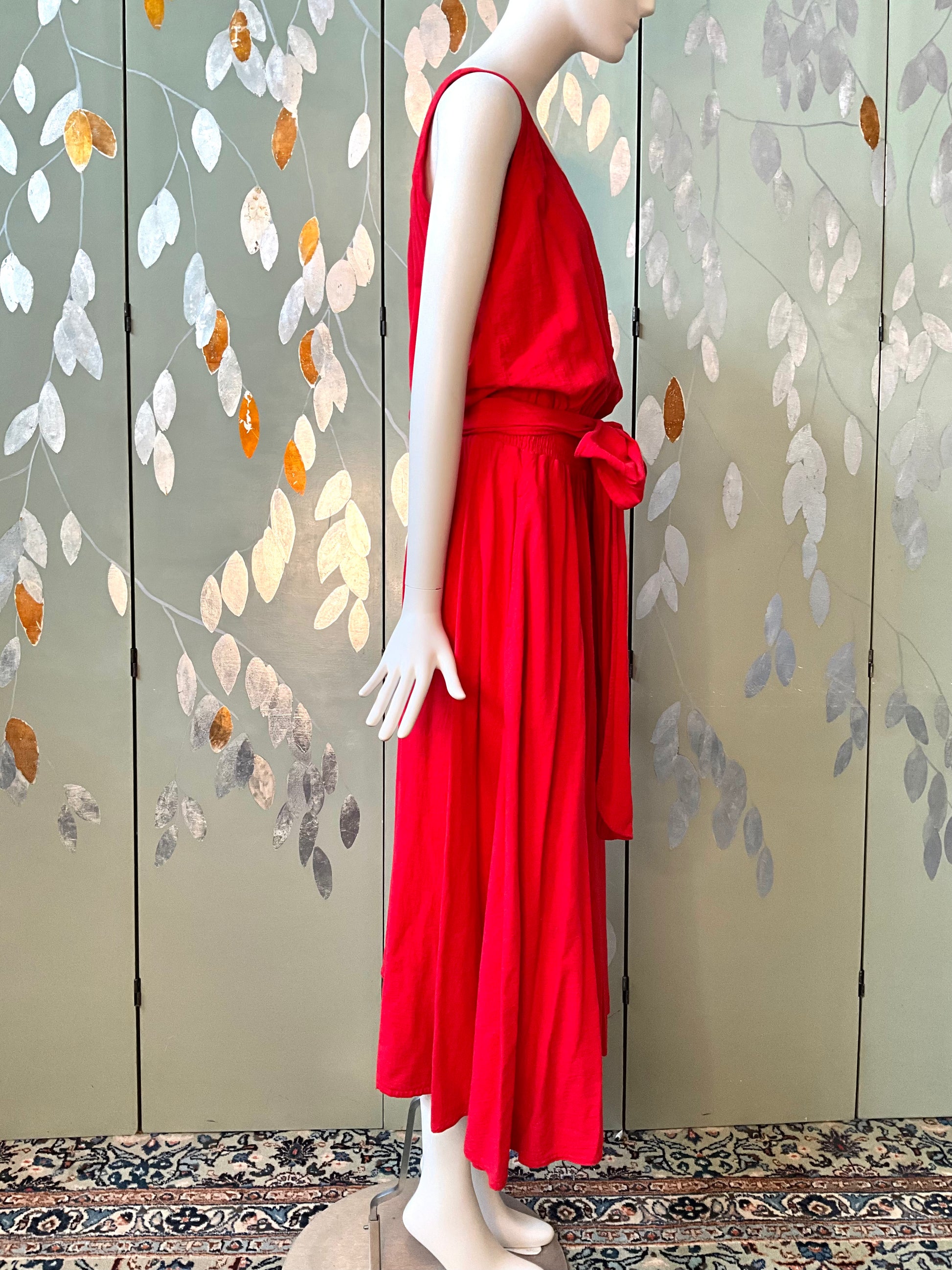 Vintage 1980s Red Cotton Tank Top Maxi Dress, Made in USA, S/M