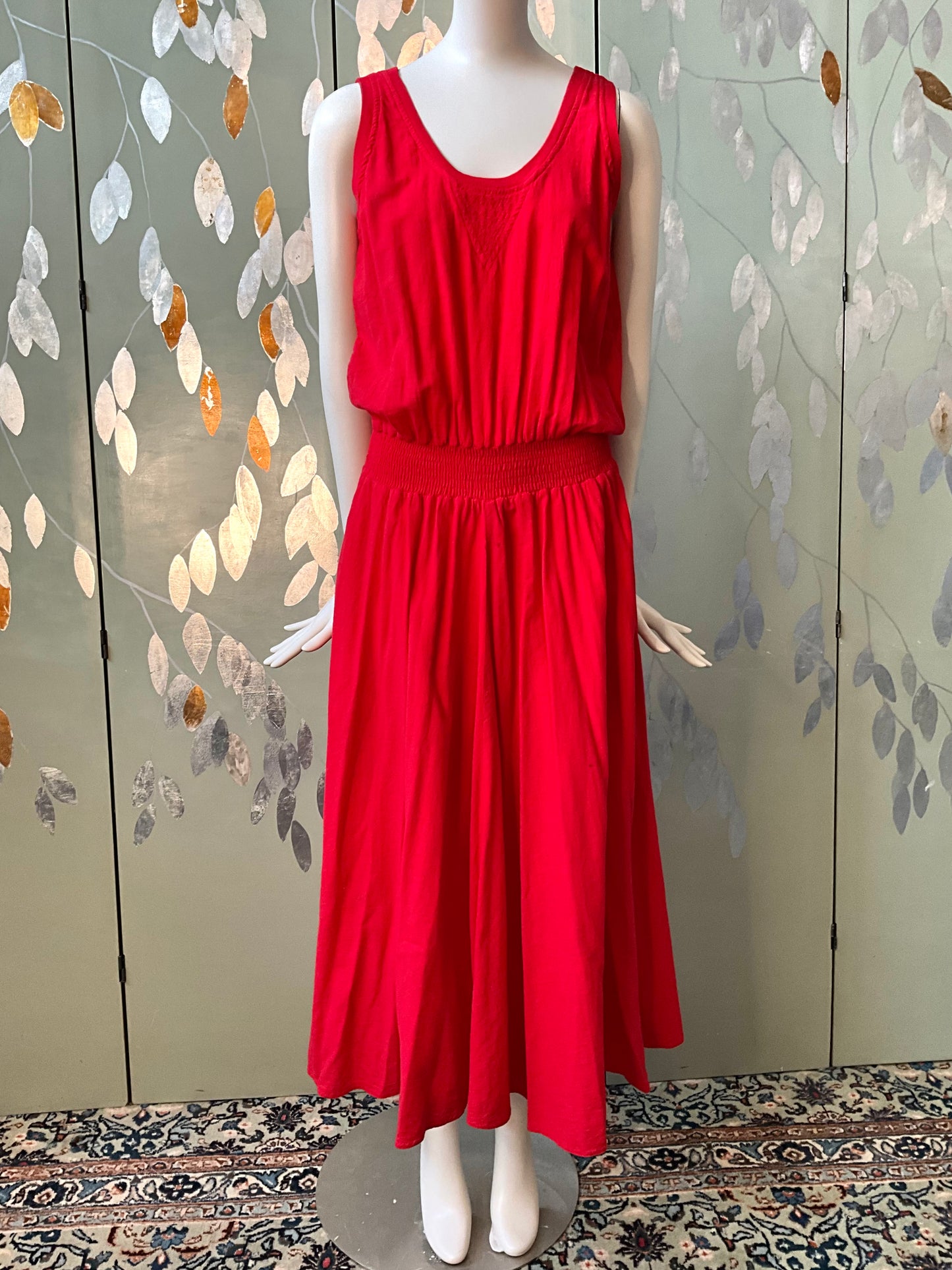 Vintage 1980s Red Cotton Tank Top Maxi Dress, Made in USA, S/M