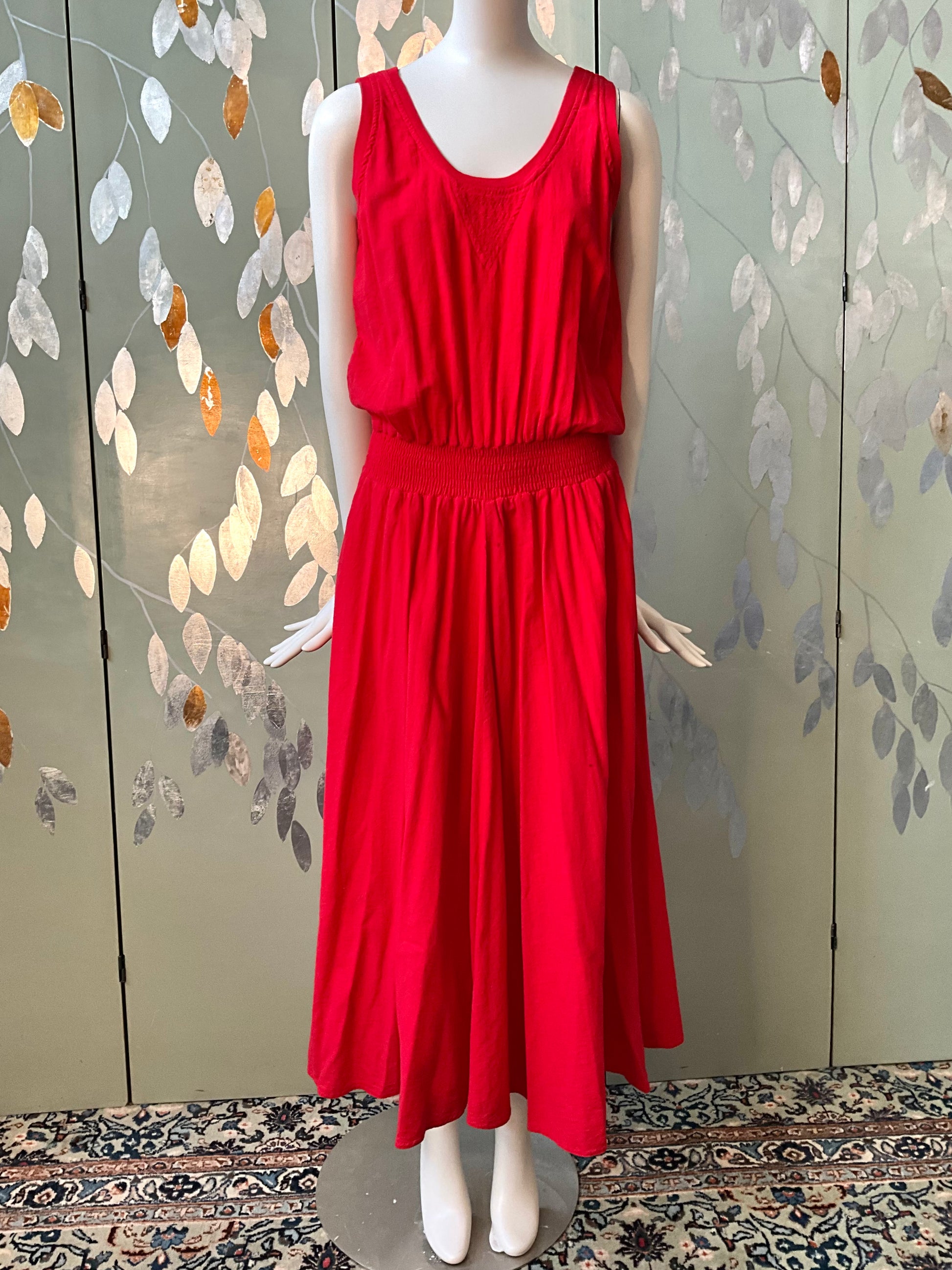 Vintage 1980s Red Cotton Tank Top Maxi Dress, Made in USA, S/M