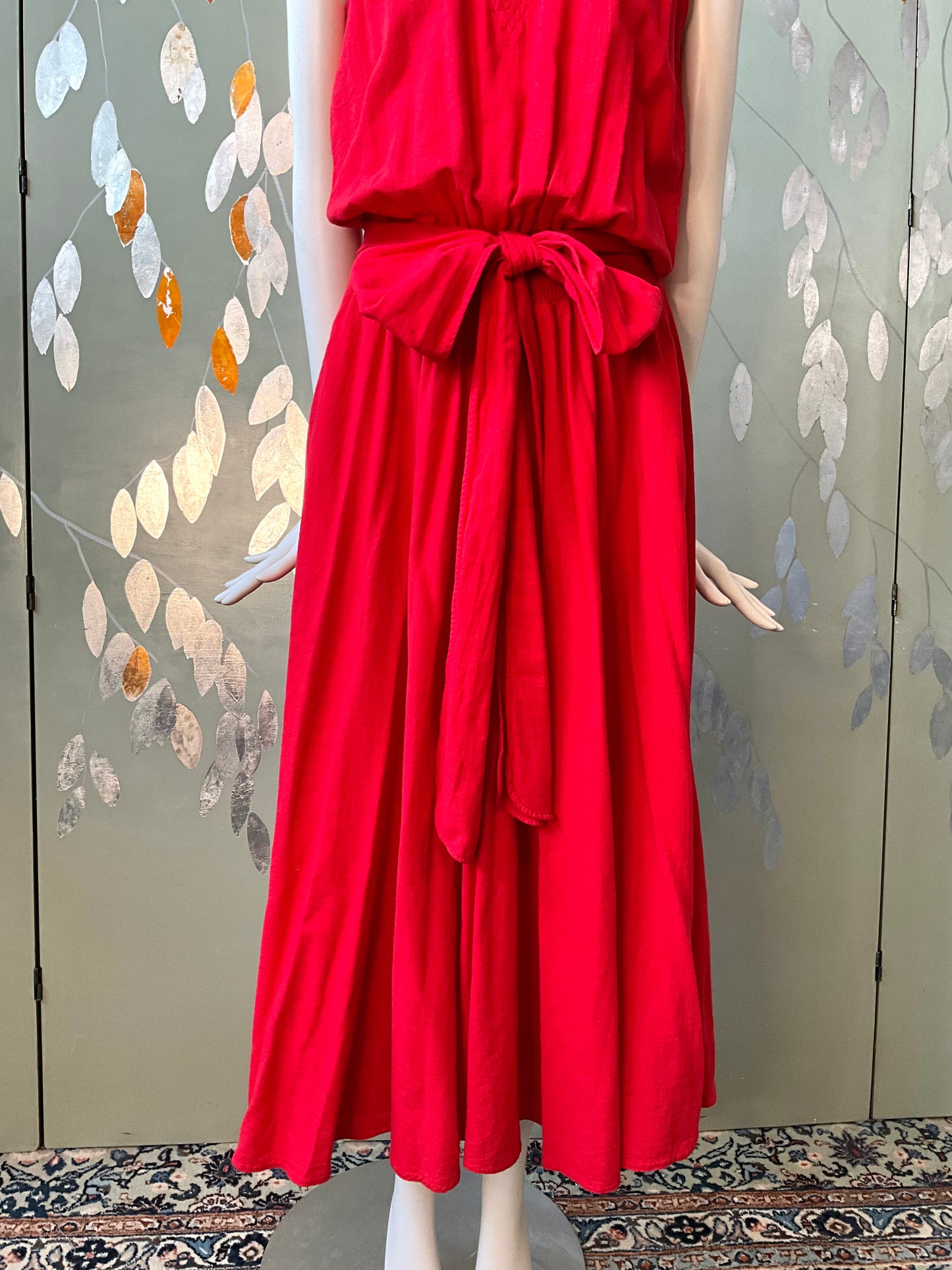 Vintage 1980s Red Cotton Tank Top Maxi Dress, Made in USA, S/M