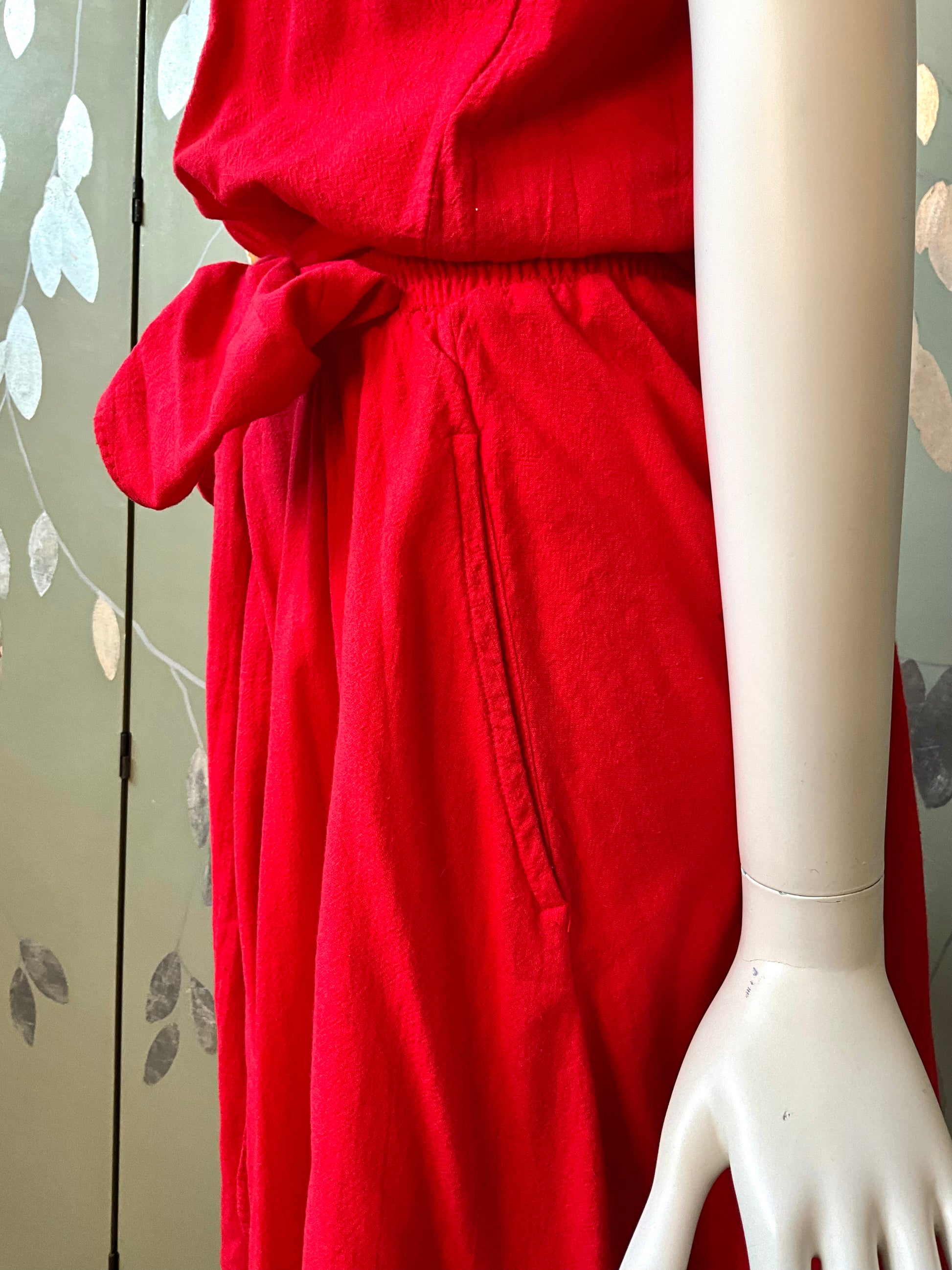 Vintage 1980s Red Cotton Tank Top Maxi Dress, Made in USA, S/M