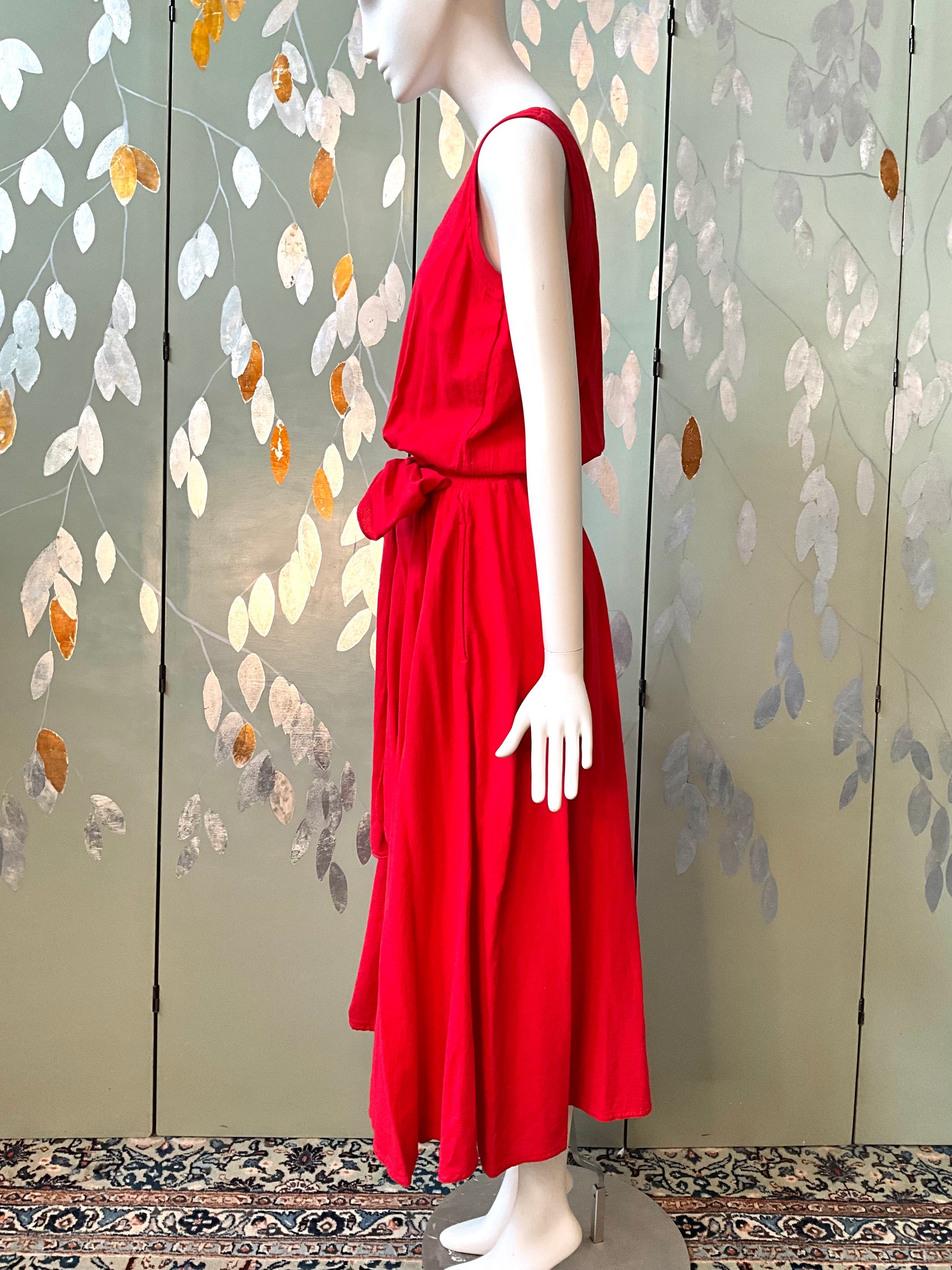 Vintage 1980s Red Cotton Tank Top Maxi Dress, Made in USA, S/M