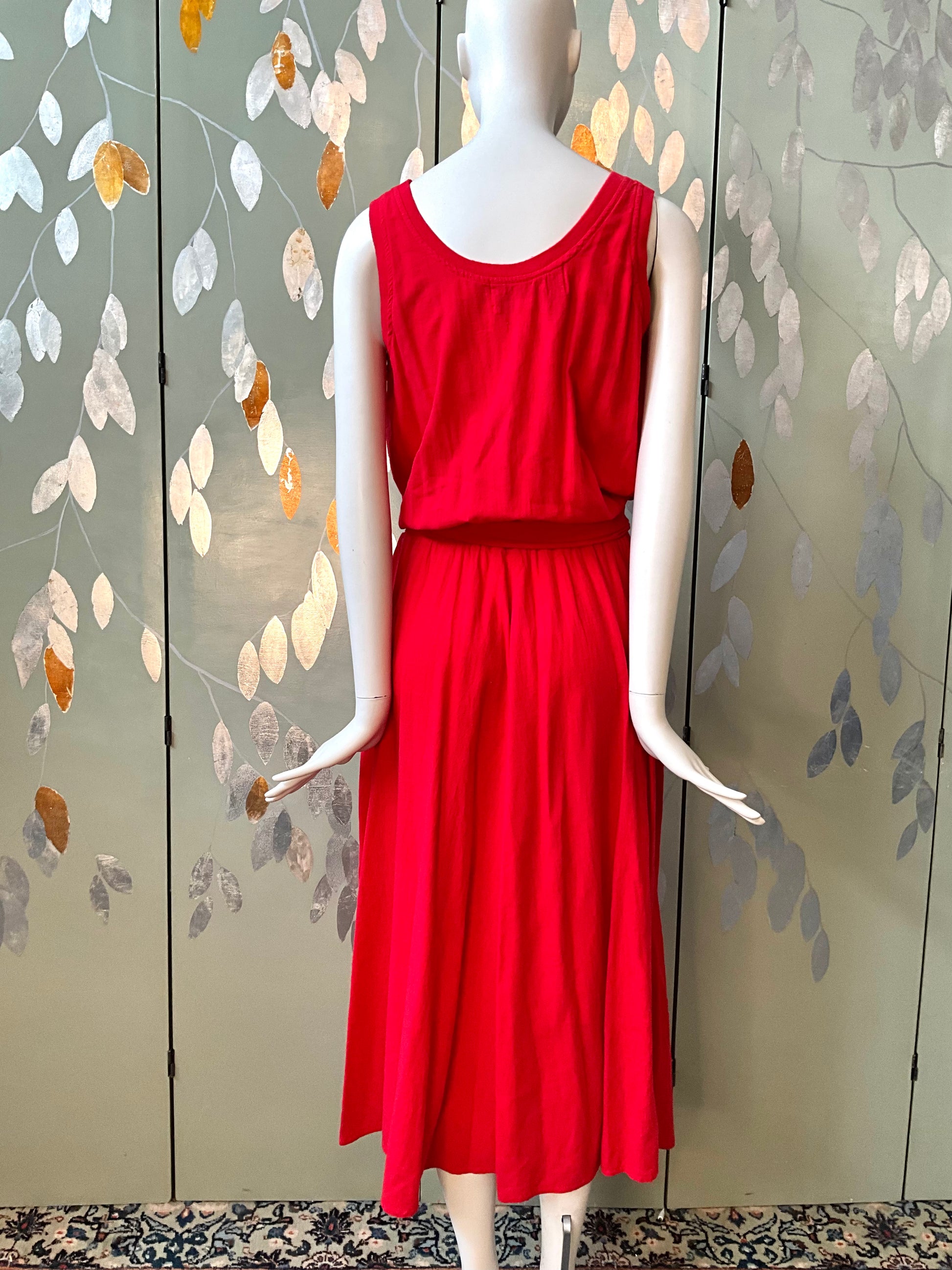 Vintage 1980s Red Cotton Tank Top Maxi Dress, Made in USA, S/M