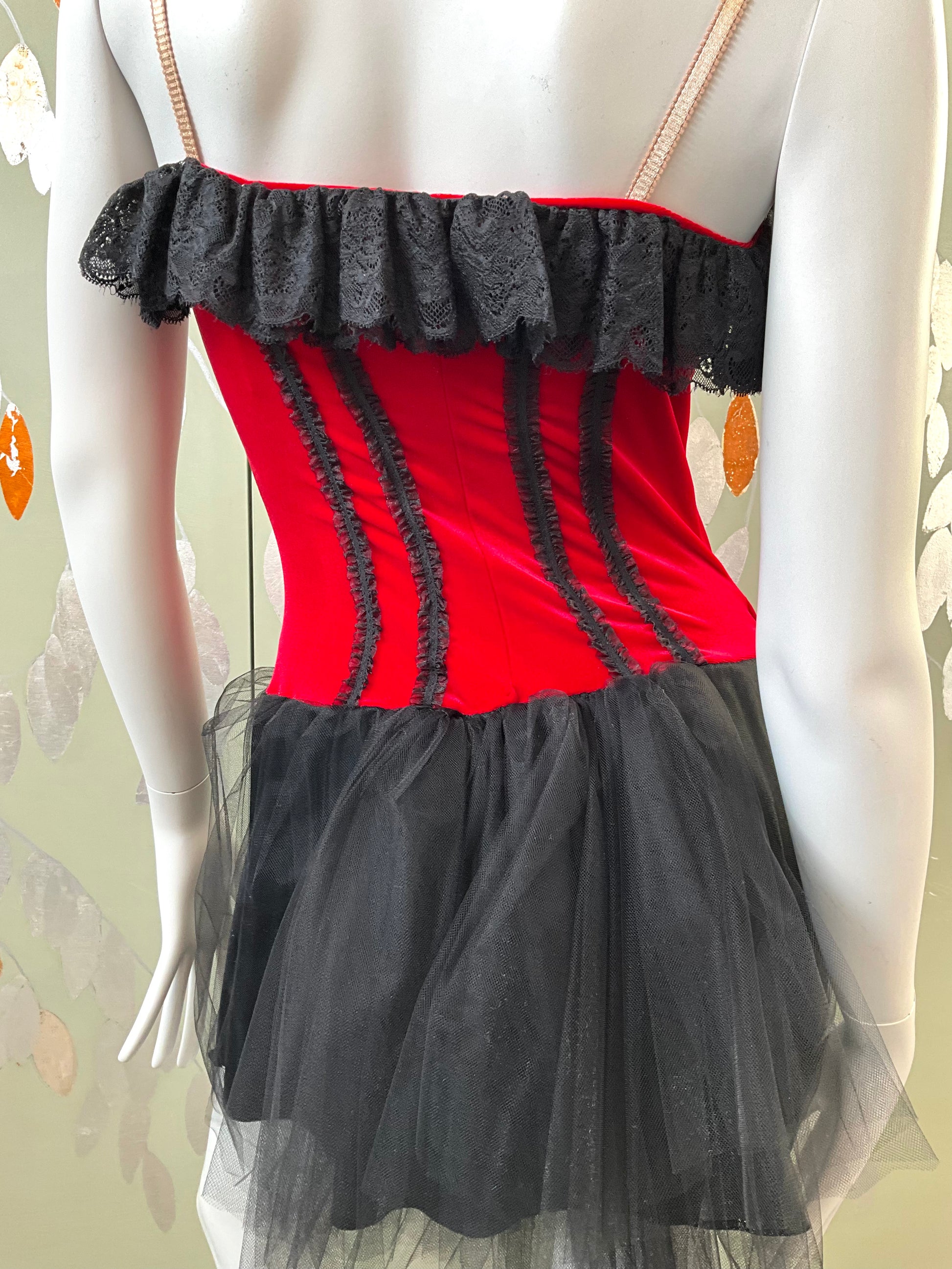 Vintage 1980s Red Velvet, Lace and Tulle Cabaret Style Costume, Small 