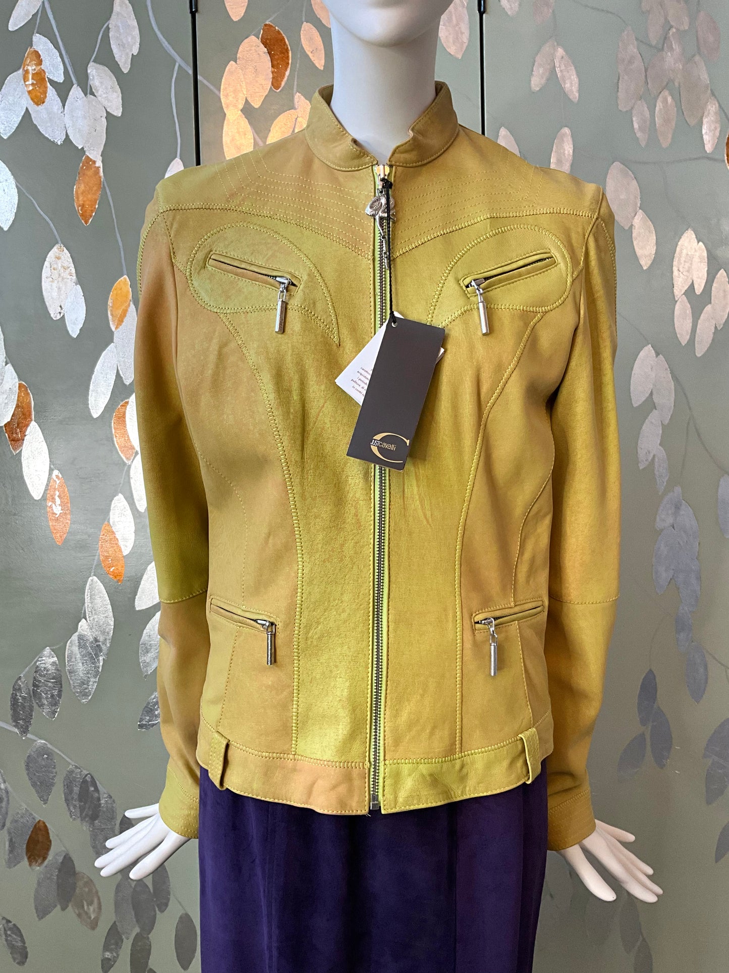 2000s Just Cavalli Chartreuse Leather Biker Jacket, Snake Zipper, Medium 