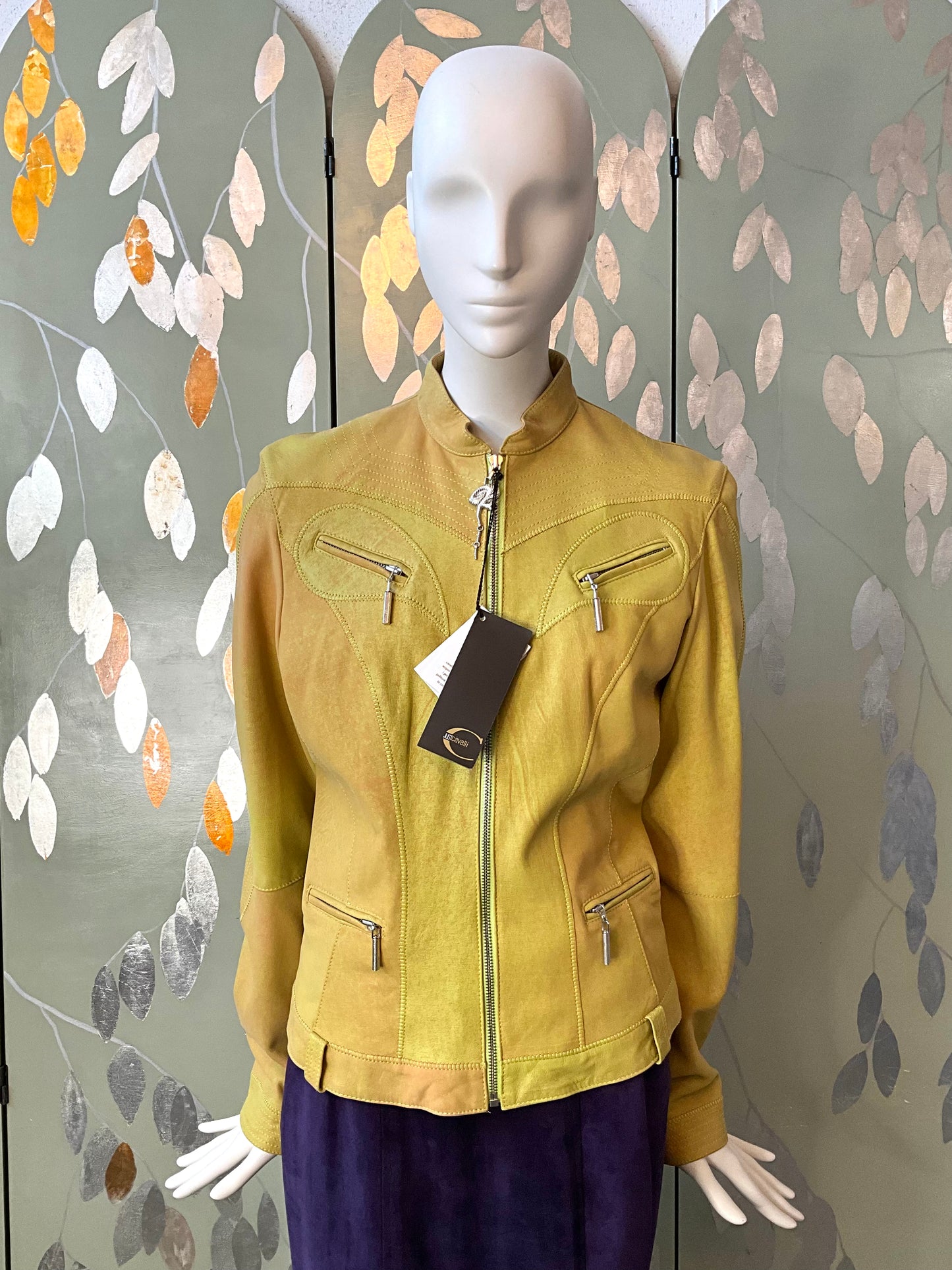 2000s Just Cavalli Chartreuse Leather Biker Jacket, Snake Zipper, Medium 