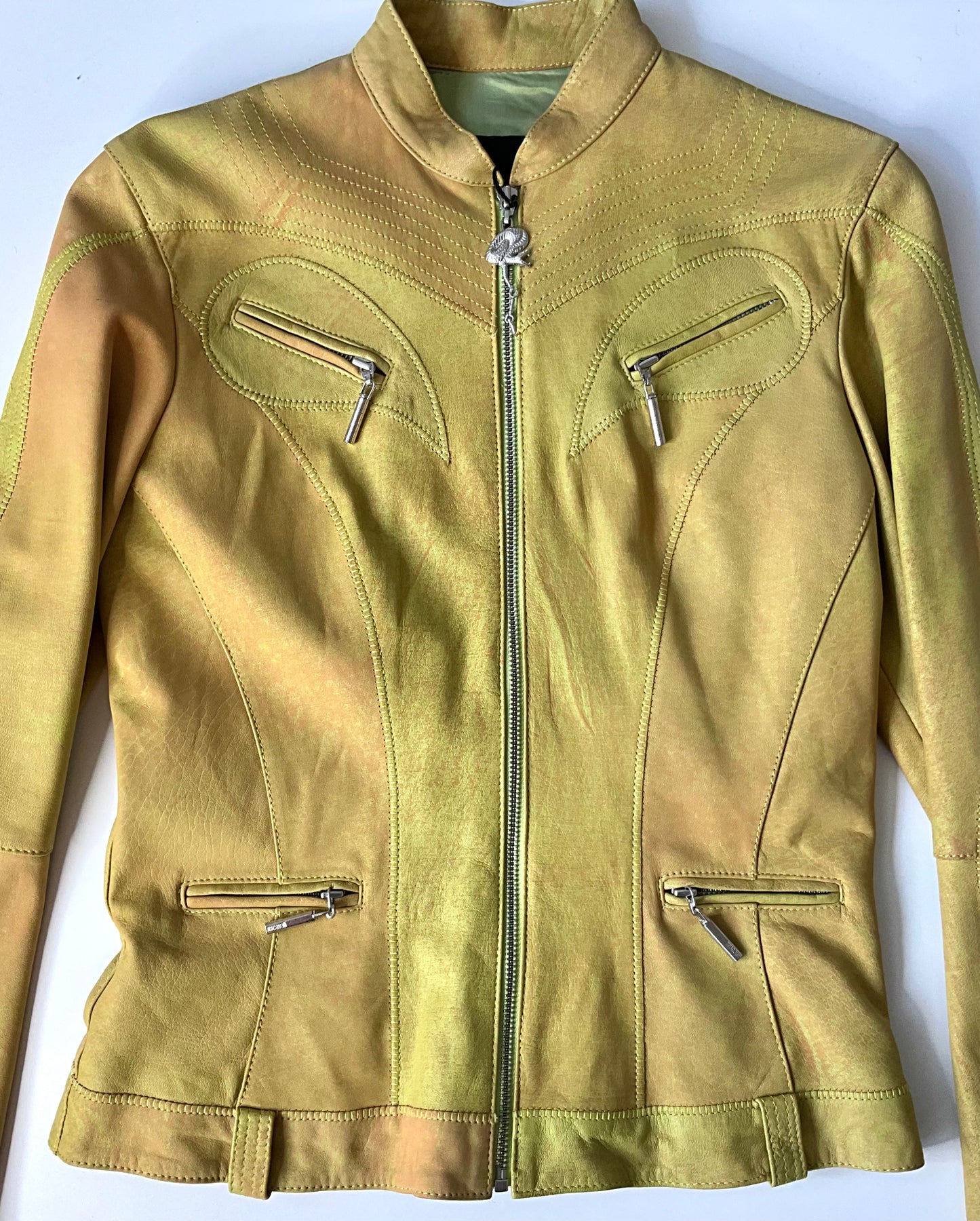 2000s Just Cavalli Chartreuse Leather Biker Jacket, Snake Zipper, Medium 