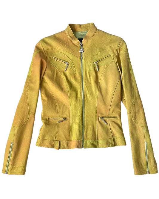 2000s Just Cavalli Chartreuse Leather Biker Jacket, Snake Zipper, Medium 