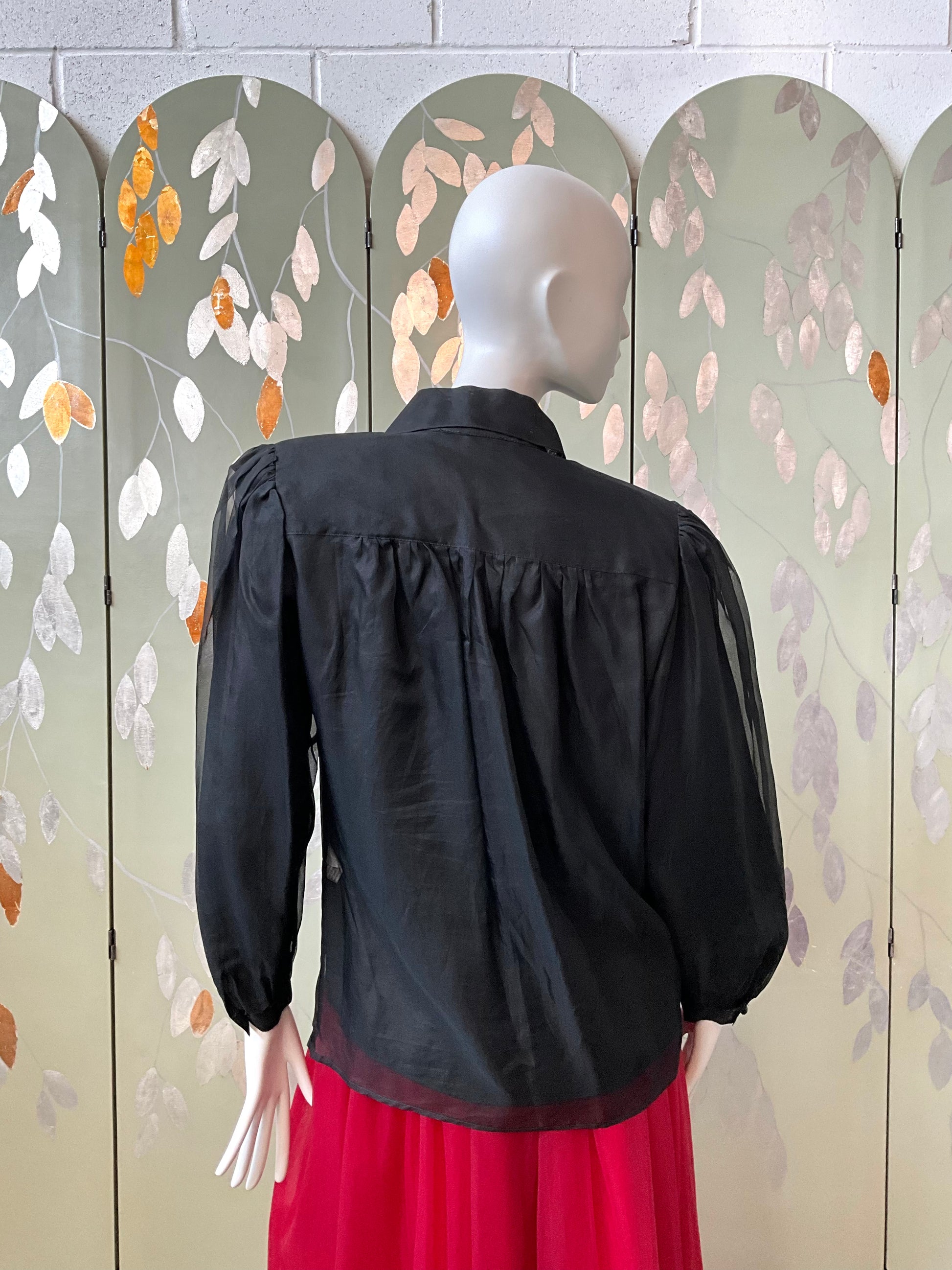 Vintage 1980s Sheer Black Silk Ruffle Blouse, L/XL