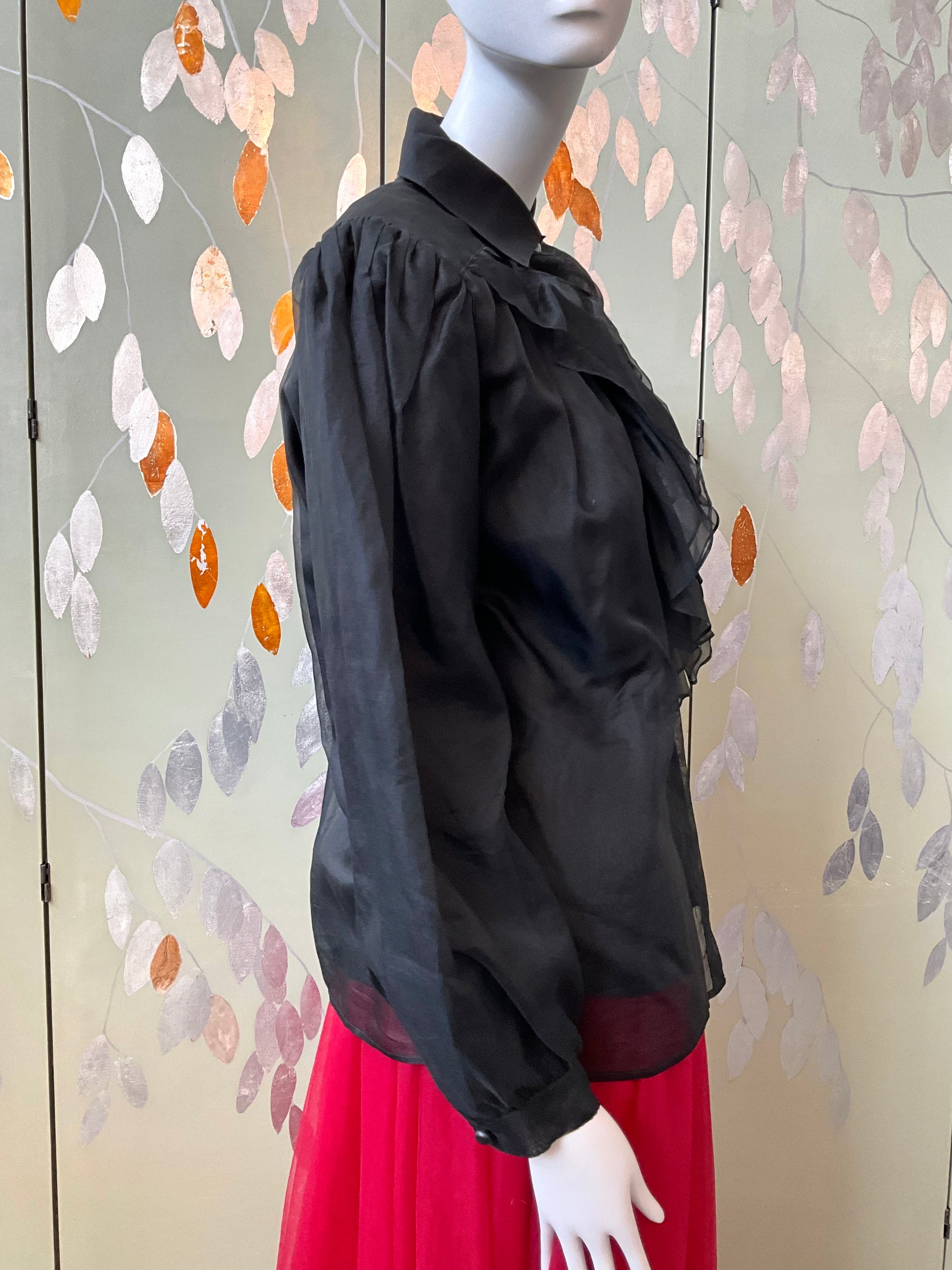 Vintage 1980s Sheer Black Silk Ruffle Blouse, L/XL