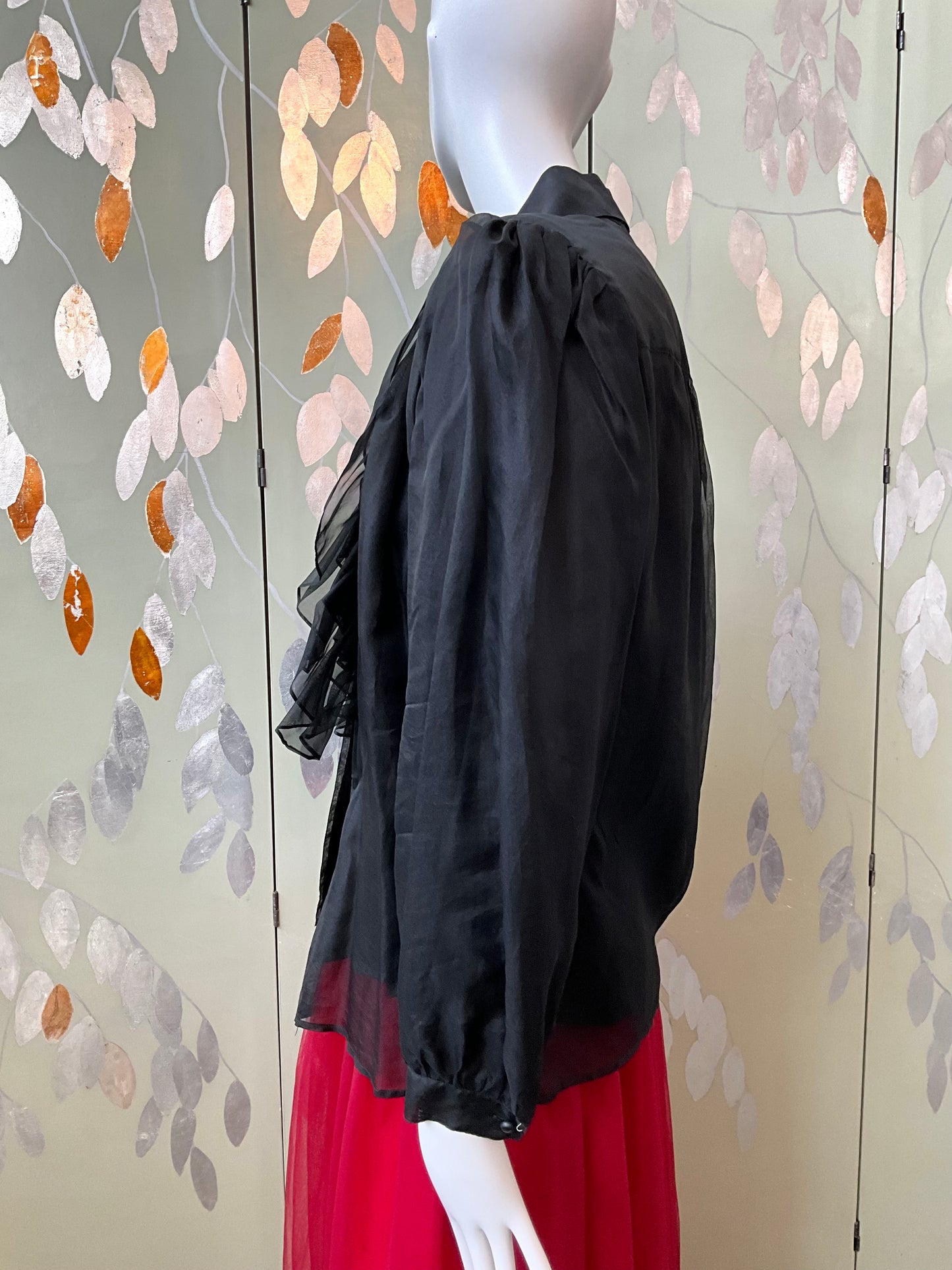 Vintage 1980s Sheer Black Silk Ruffle Blouse, L/XL