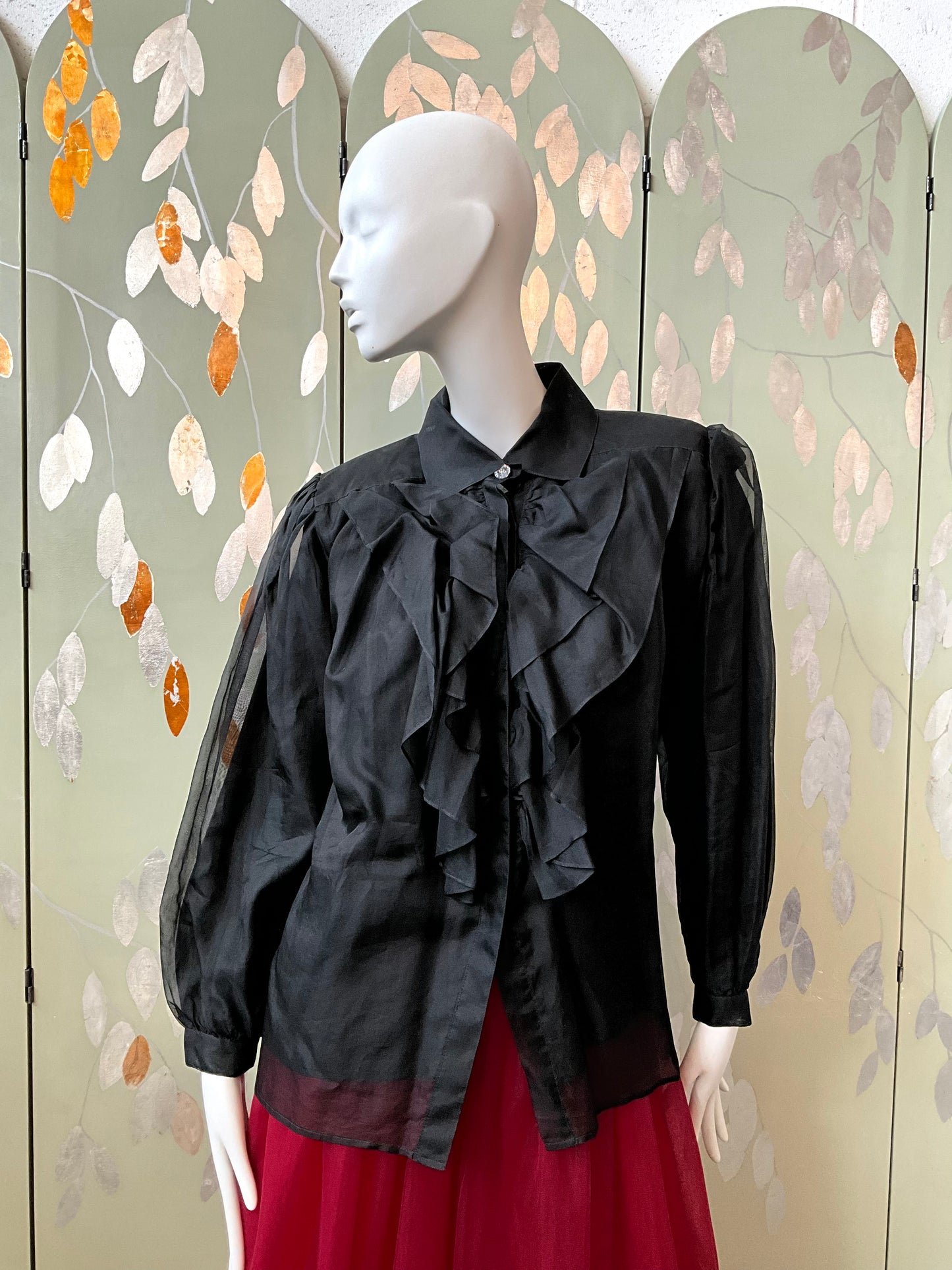 Vintage 1980s Sheer Black Silk Ruffle Blouse, L/XL