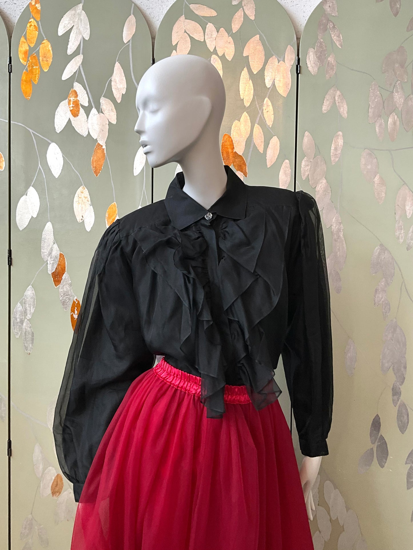 Vintage 1980s Black Silk Ruffle Poet Blouse, L/XL