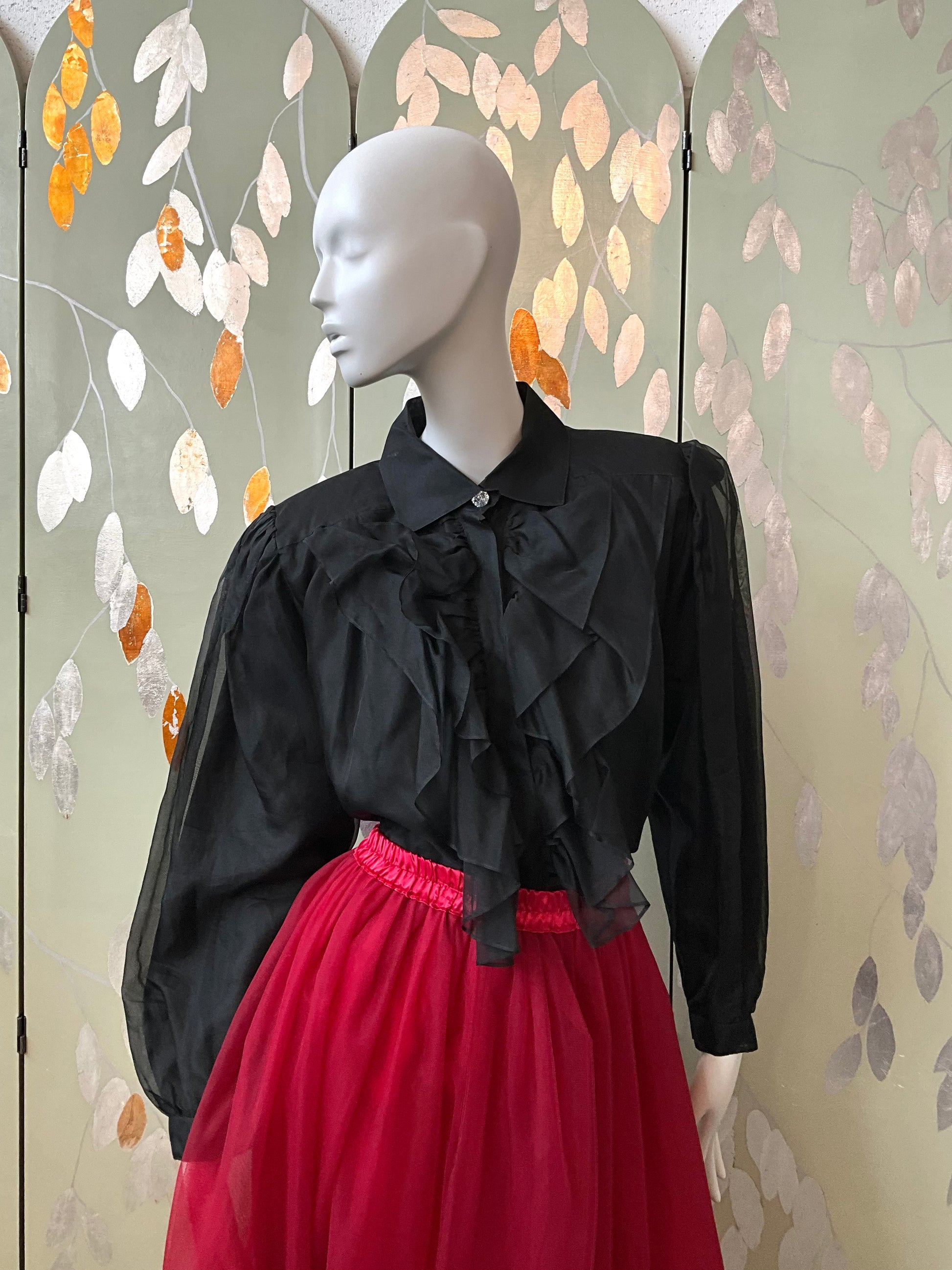 Vintage 1980s Black Silk Ruffle Poet Blouse, L/XL