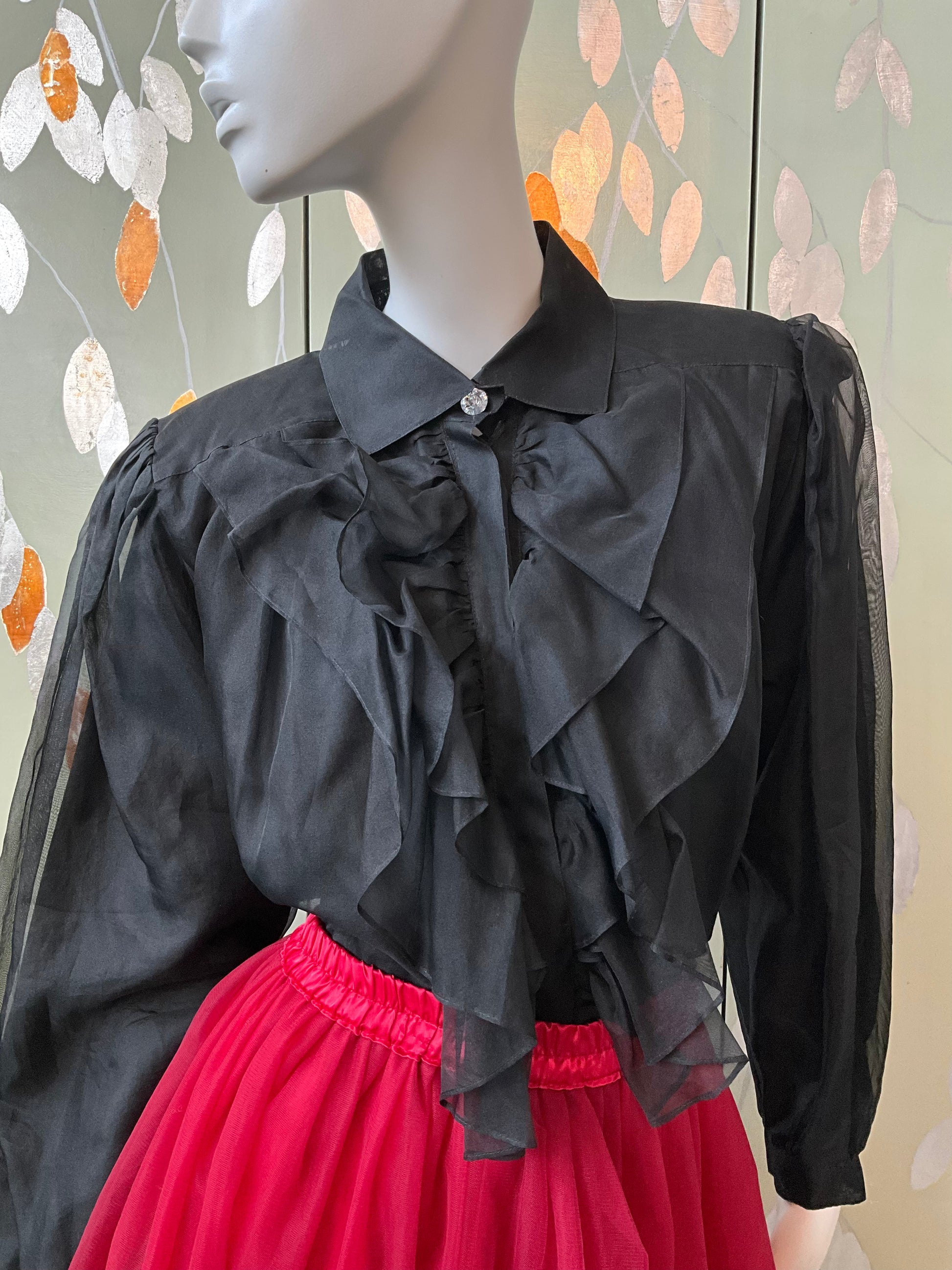 Vintage 1980s Sheer Black Silk Ruffle Blouse, L/XL