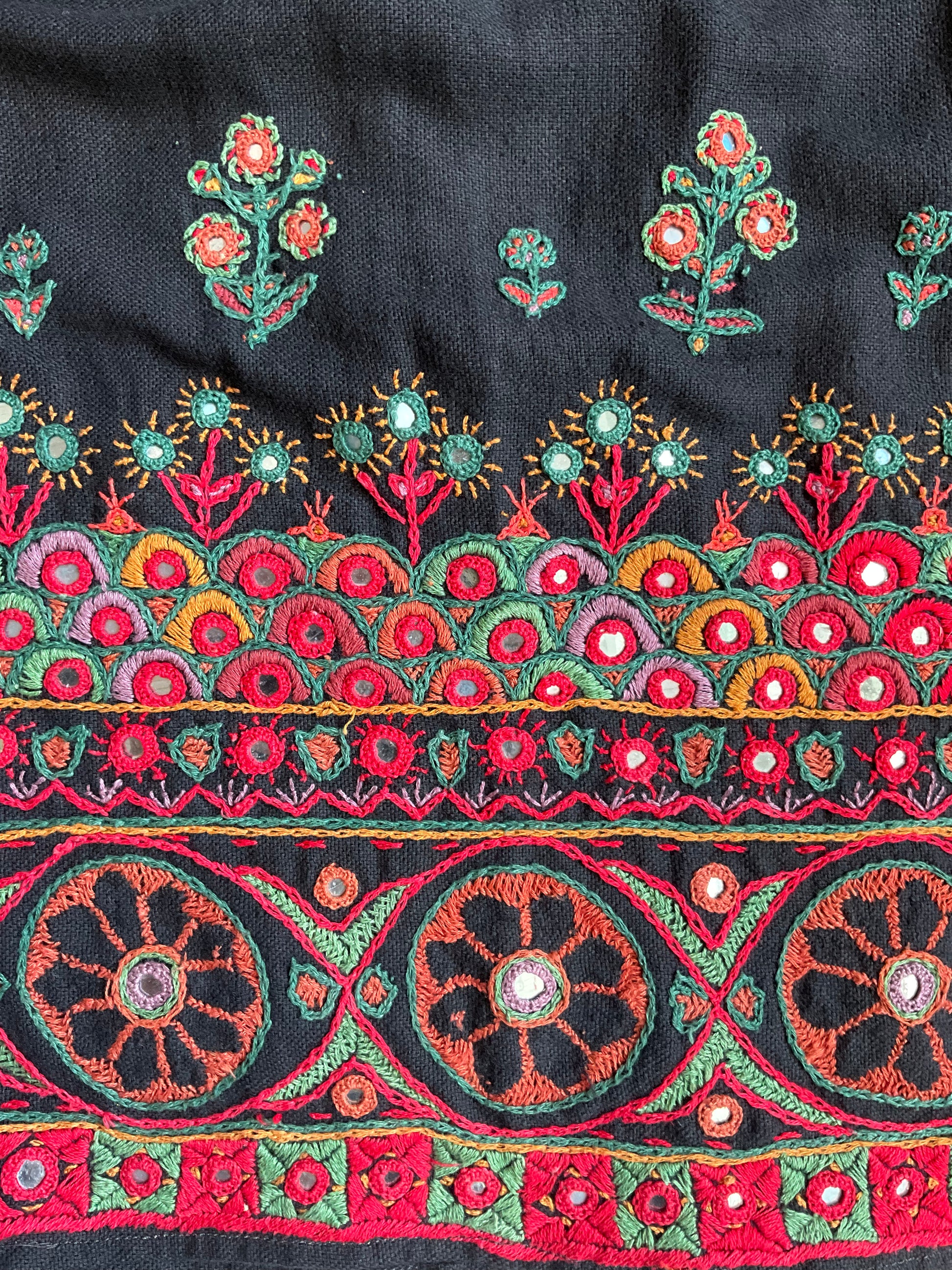 Close-up of embroidered fabric with colorful floral and geometric patterns on a black background.