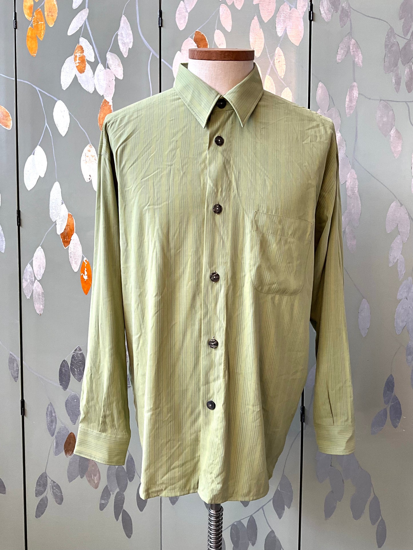 Men's Green and Blue Stripe Signum Long Sleeve Button-Up Shirt, Large