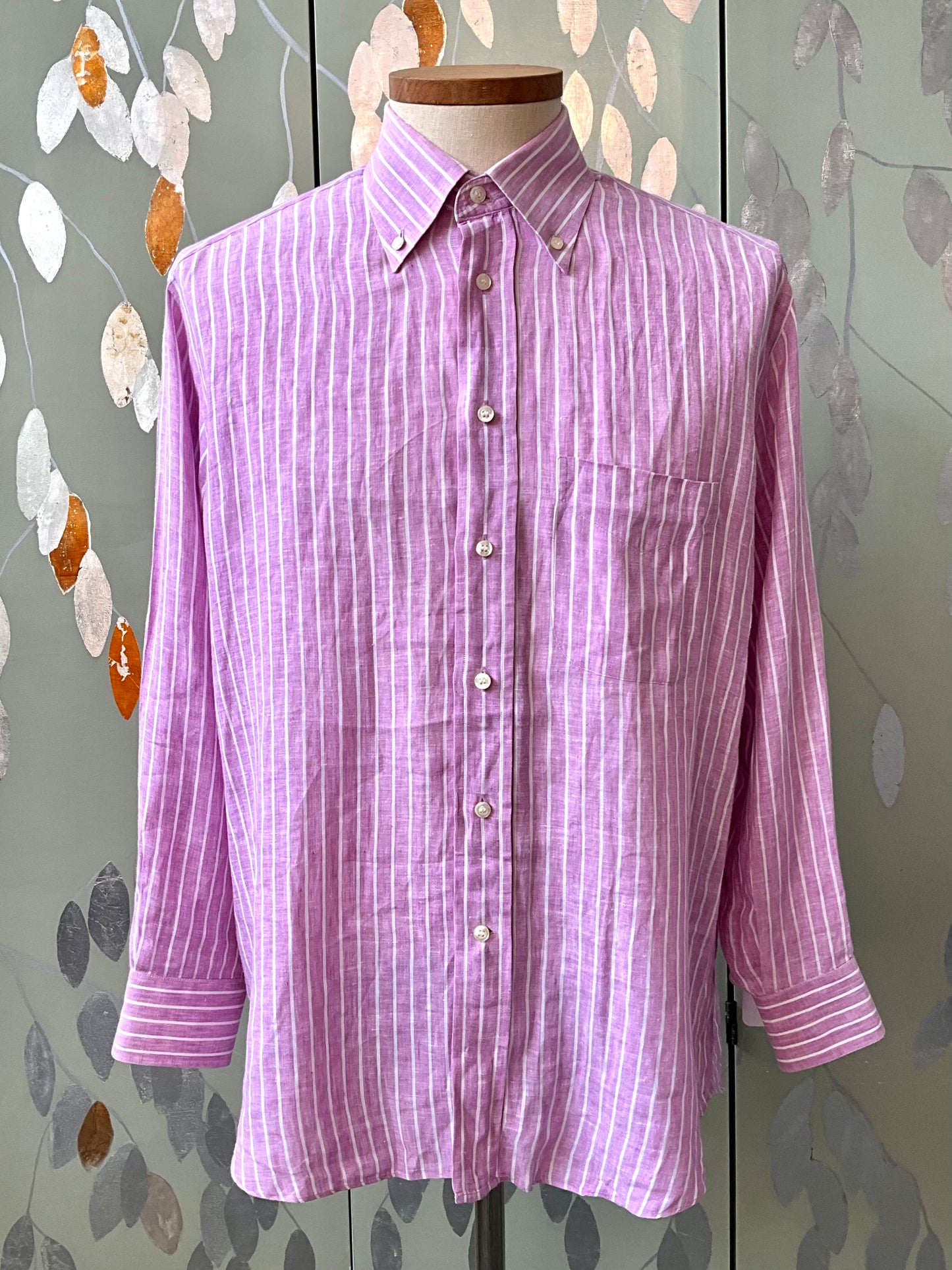 Men's Pink and White Stripe Linen Button Down Collar Long Sleeve Shirt, Large