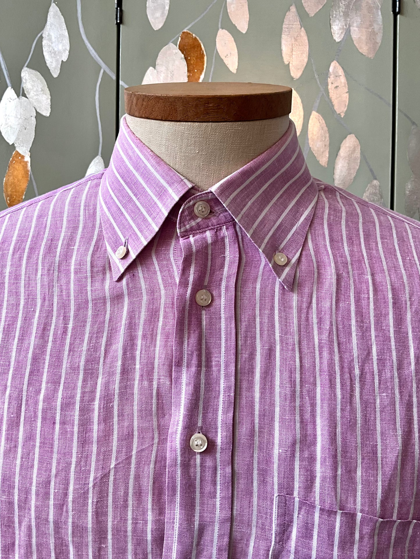 Men's Pink and White Stripe Linen Button Down Collar Long Sleeve Shirt, Large