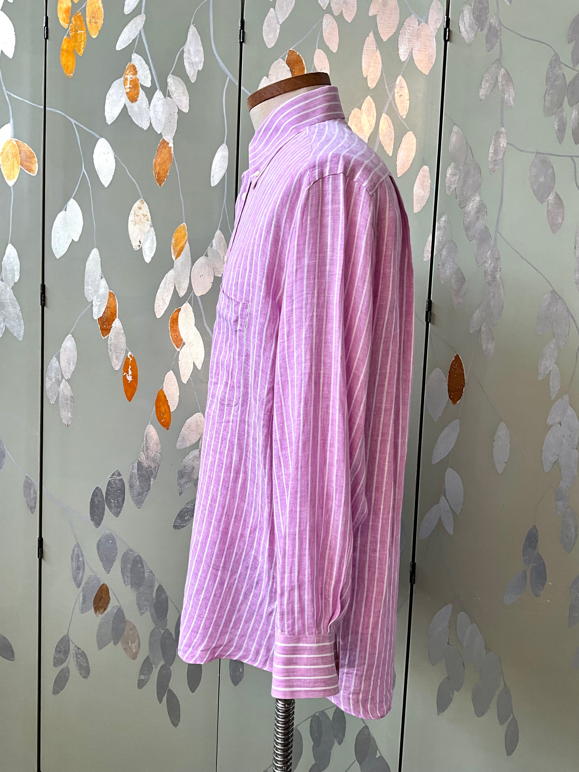 Men's Pink and White Stripe Linen Button Down Collar Long Sleeve Shirt, Large