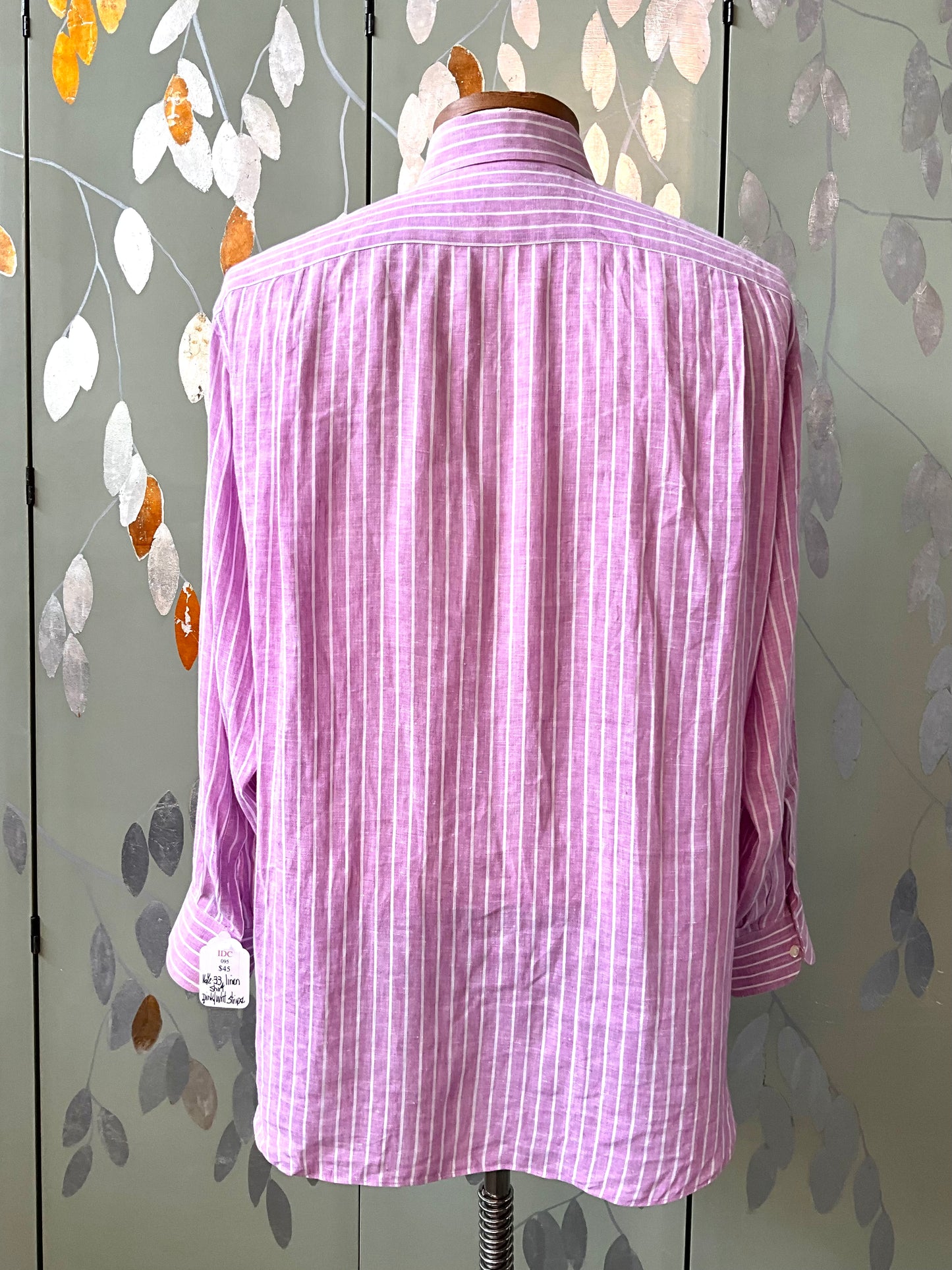 Men's Pink and White Stripe Linen Button Down Collar Long Sleeve Shirt, Large