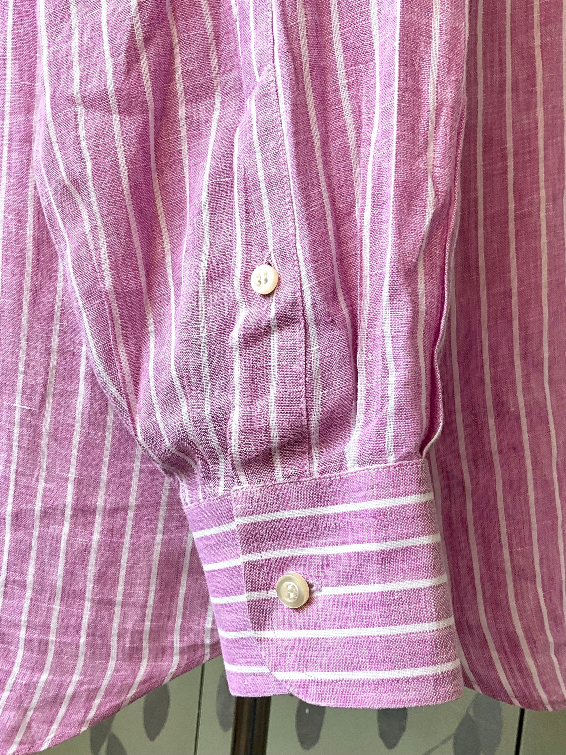 Men's Pink and White Stripe Linen Button Down Collar Long Sleeve Shirt, Large