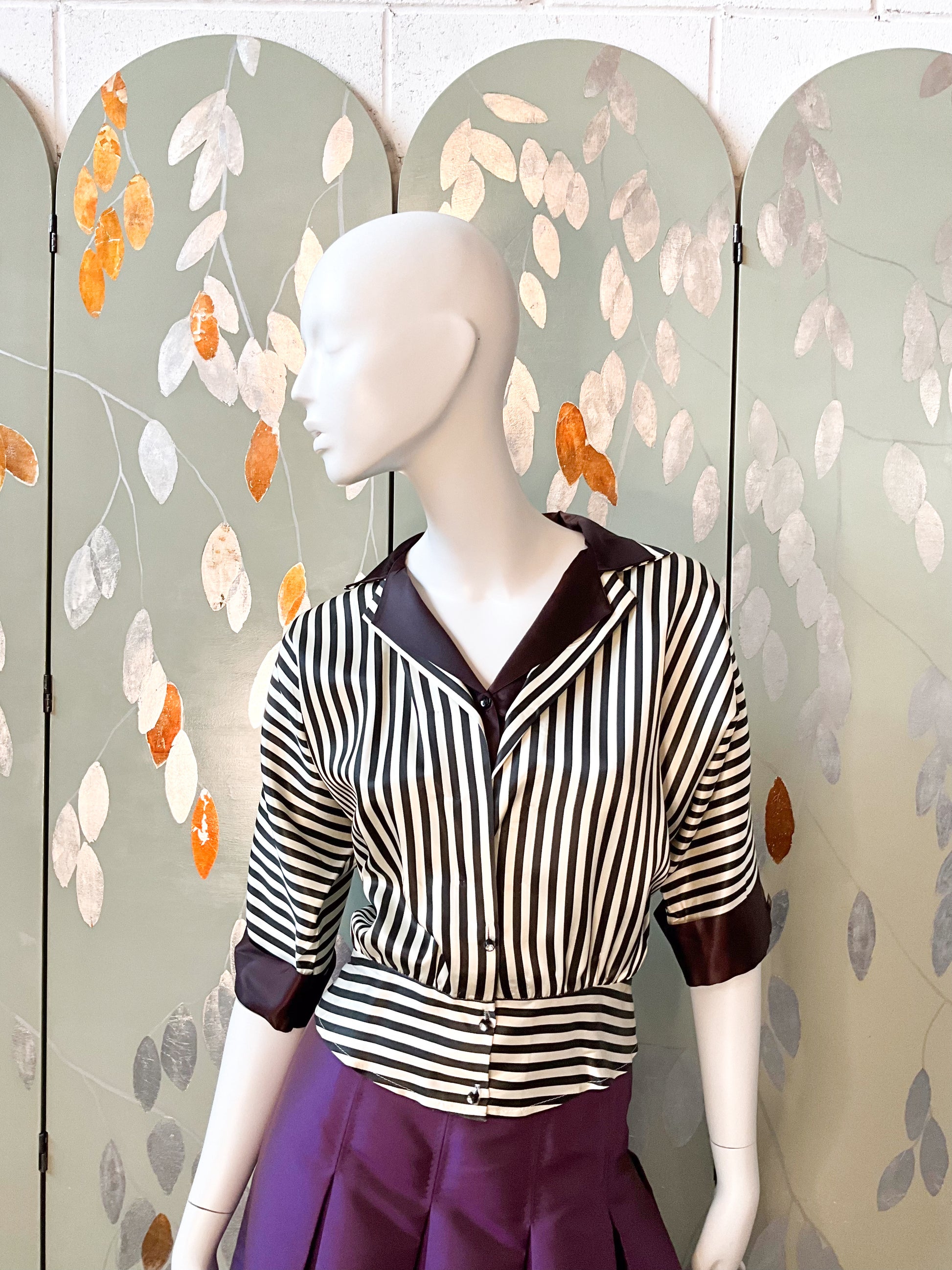 Vintage 1970s Black and White Striped Satin Blouse, Large 