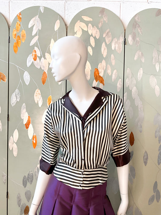 Vintage 1970s Black and White Striped Satin Blouse, Large 