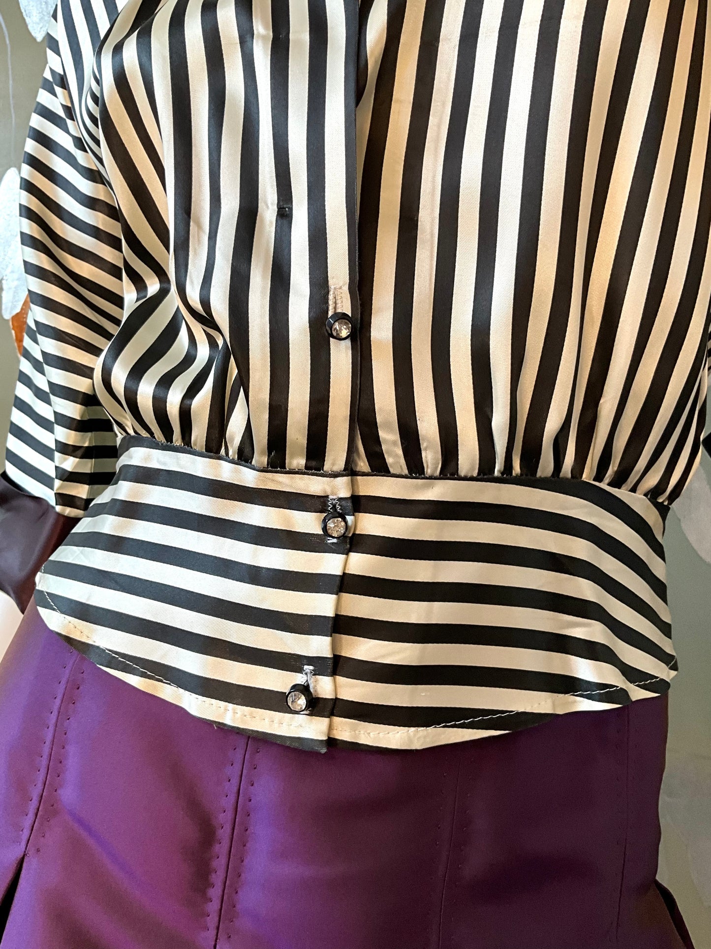 Vintage 1970s Black and White Striped Satin Blouse, Large 