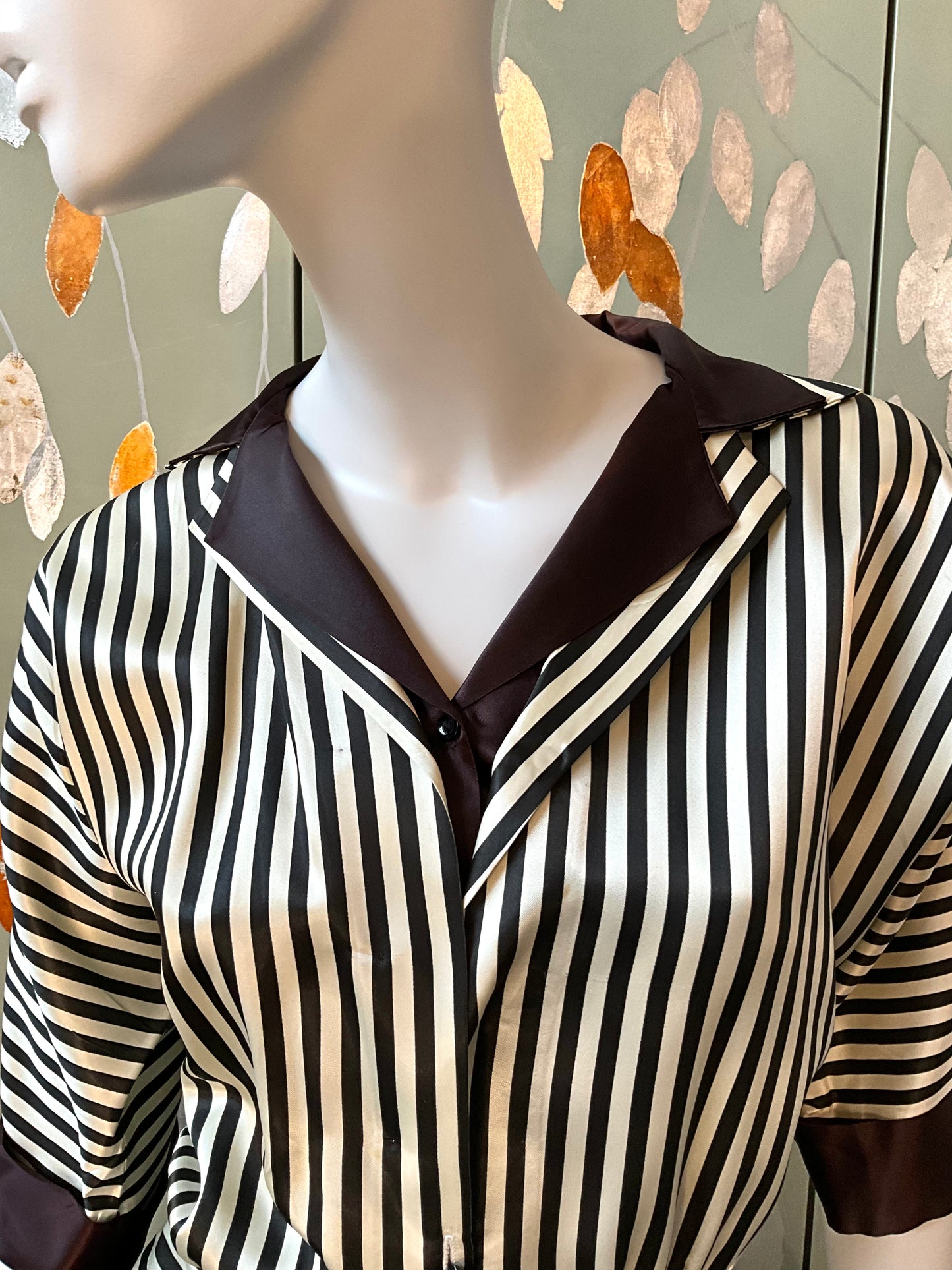Vintage 1970s Black and White Striped Satin Blouse, Large 