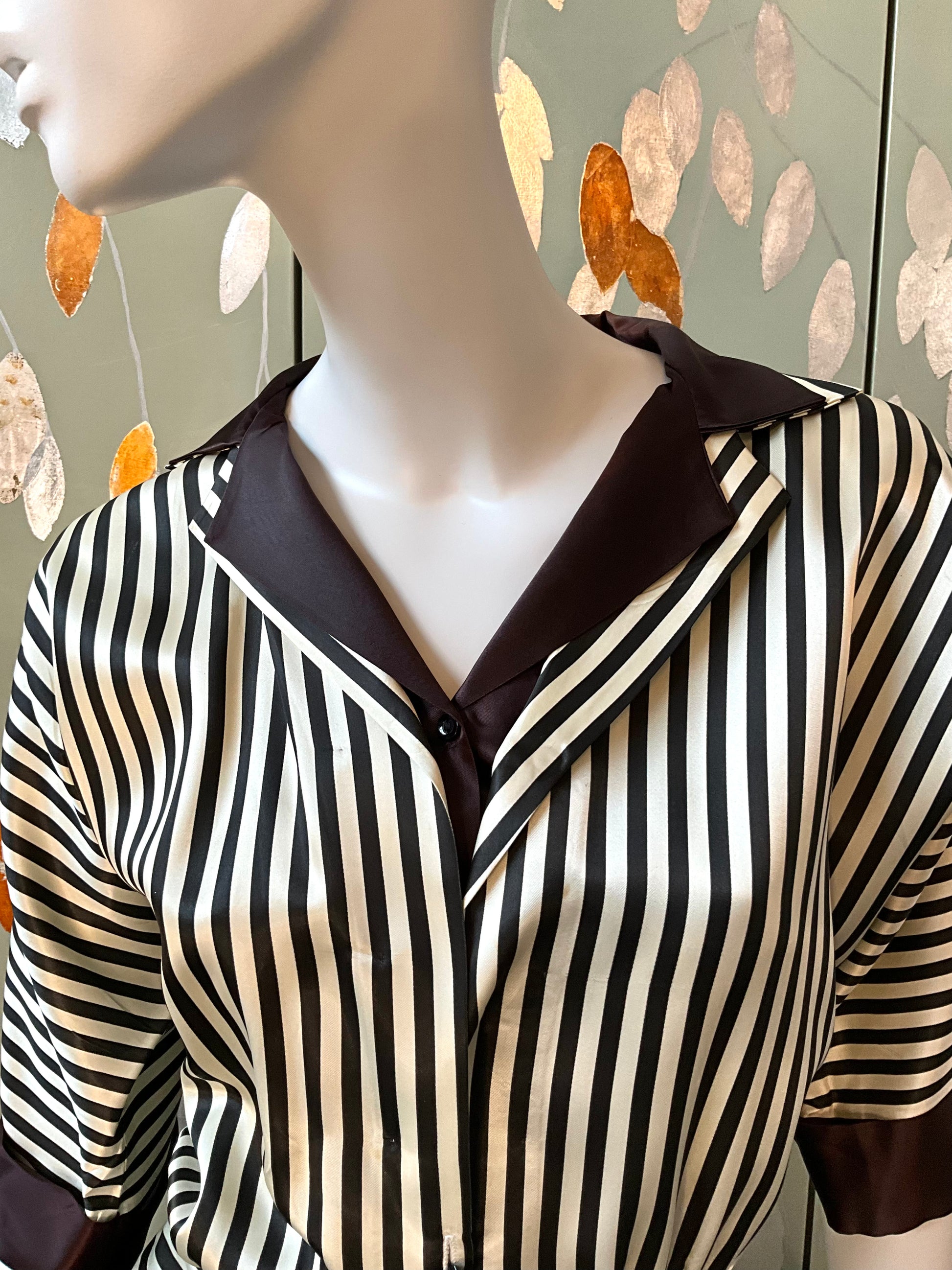 Vintage 1970s Black and White Striped Satin Blouse, Large 