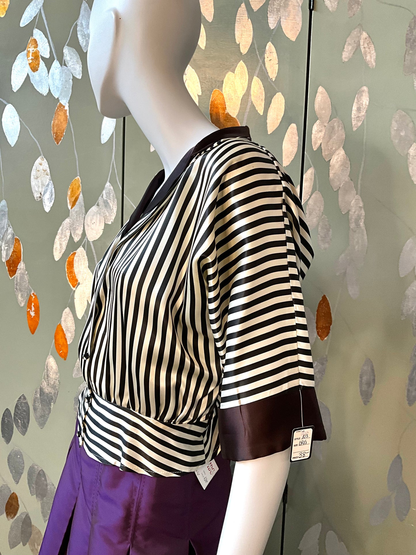 Vintage 1970s Black and White Striped Satin Blouse, Large 
