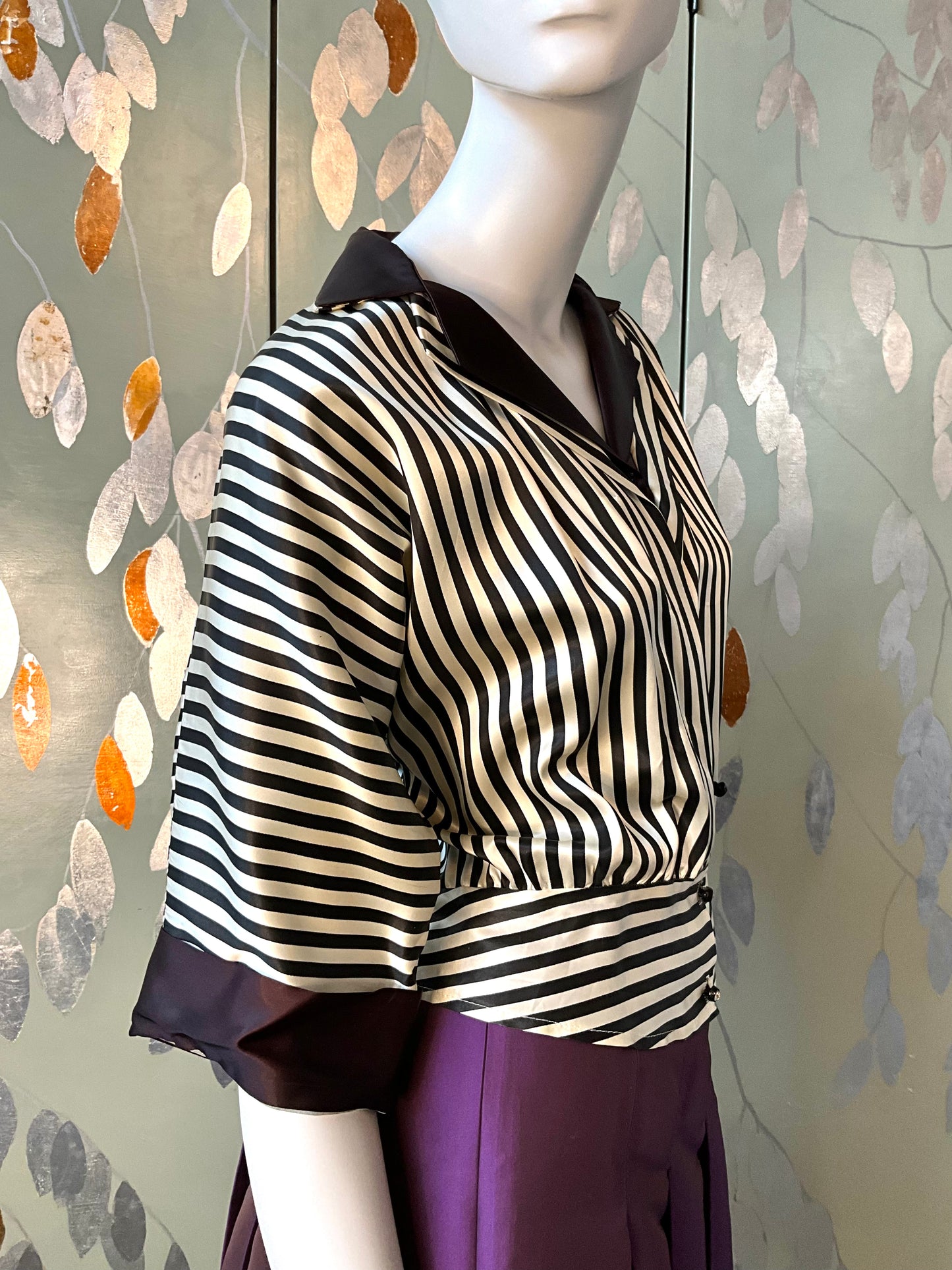 Vintage 1970s Black and White Striped Satin Blouse, Large 