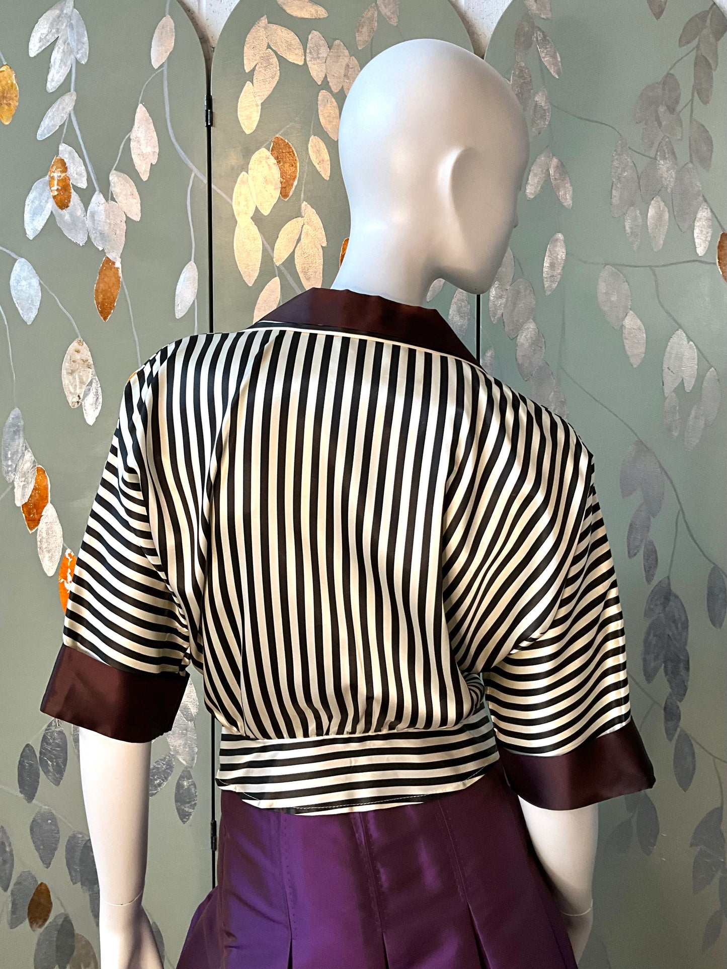 Vintage 1970s Black and White Striped Satin Blouse, Large 
