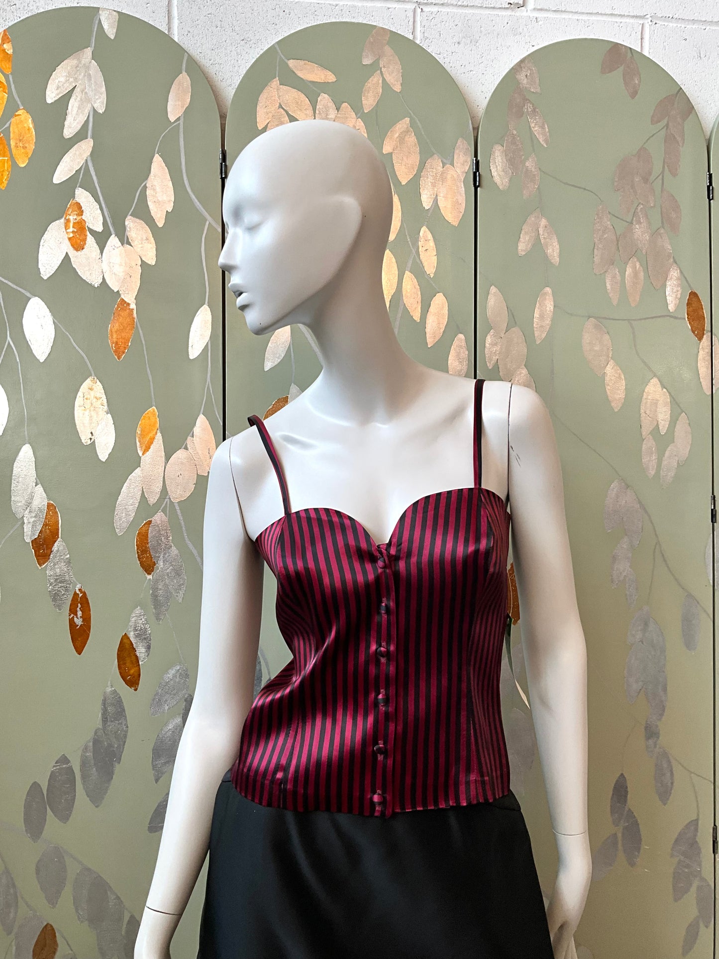 Vintage Deadstock 1990s Black and Maroon Satin Sweetheart Strap Tops, S/XS