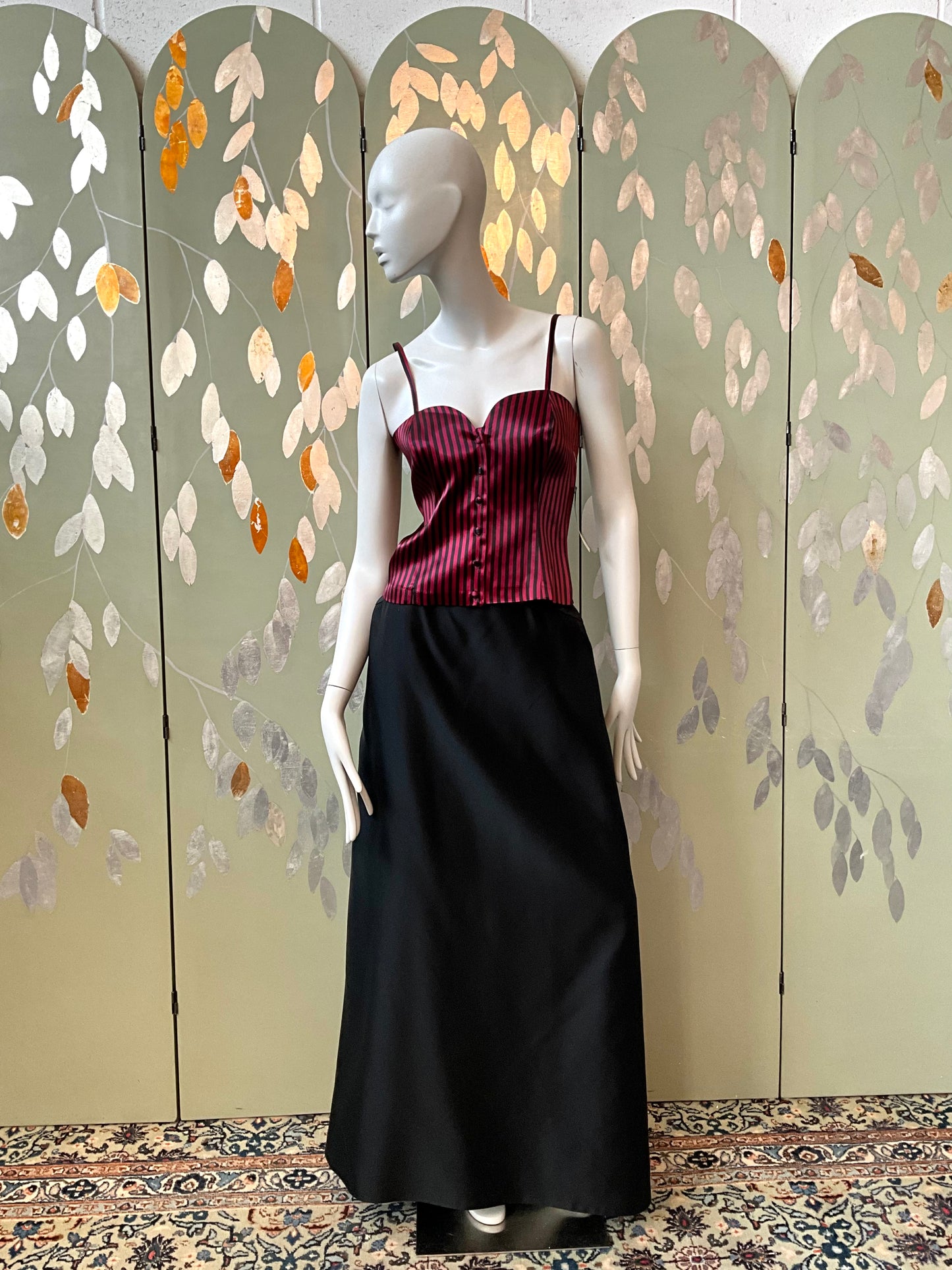 Vintage Deadstock 1990s Black and Maroon Satin Sweetheart Strap Tops, S/XS