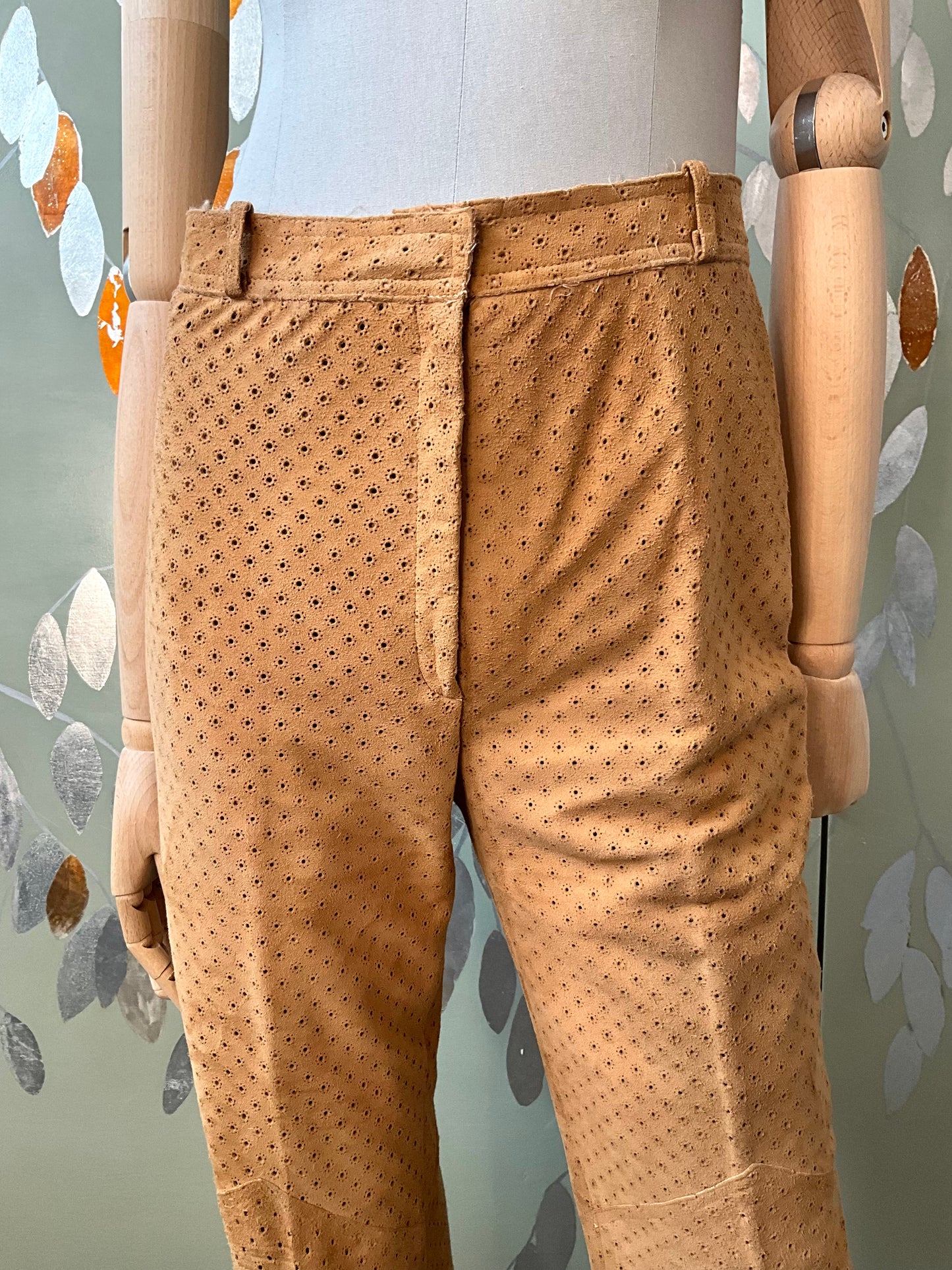 Vintage 1980s Tan Perforated Suede Pant Suit, Small 