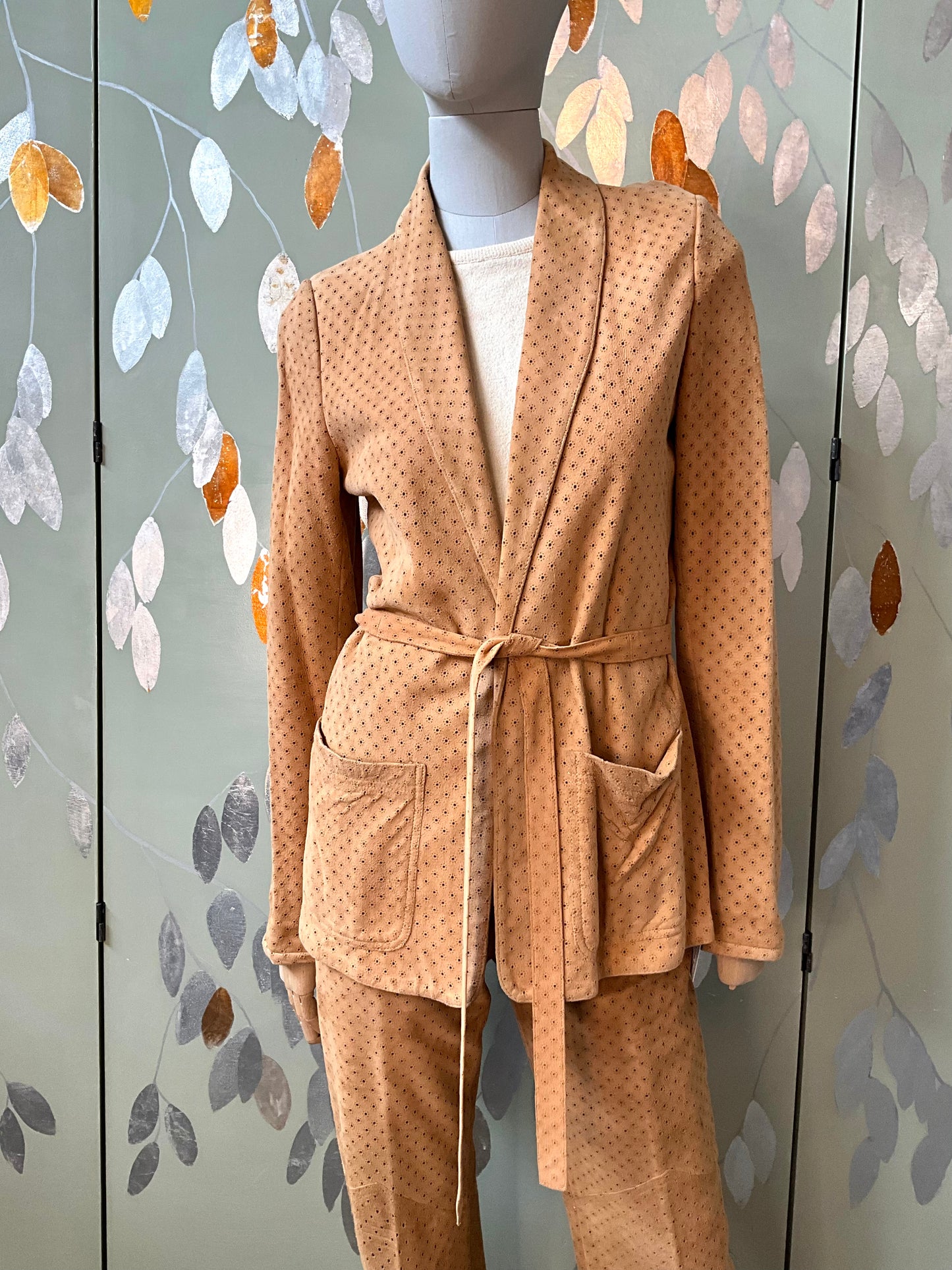Vintage 1980s Tan Perforated Suede Pant Suit, Small 