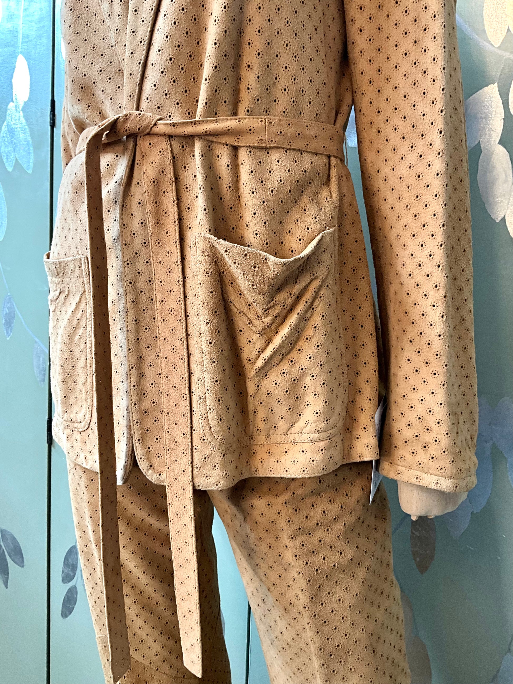 Vintage 1980s Tan Perforated Suede Pant Suit, Small 