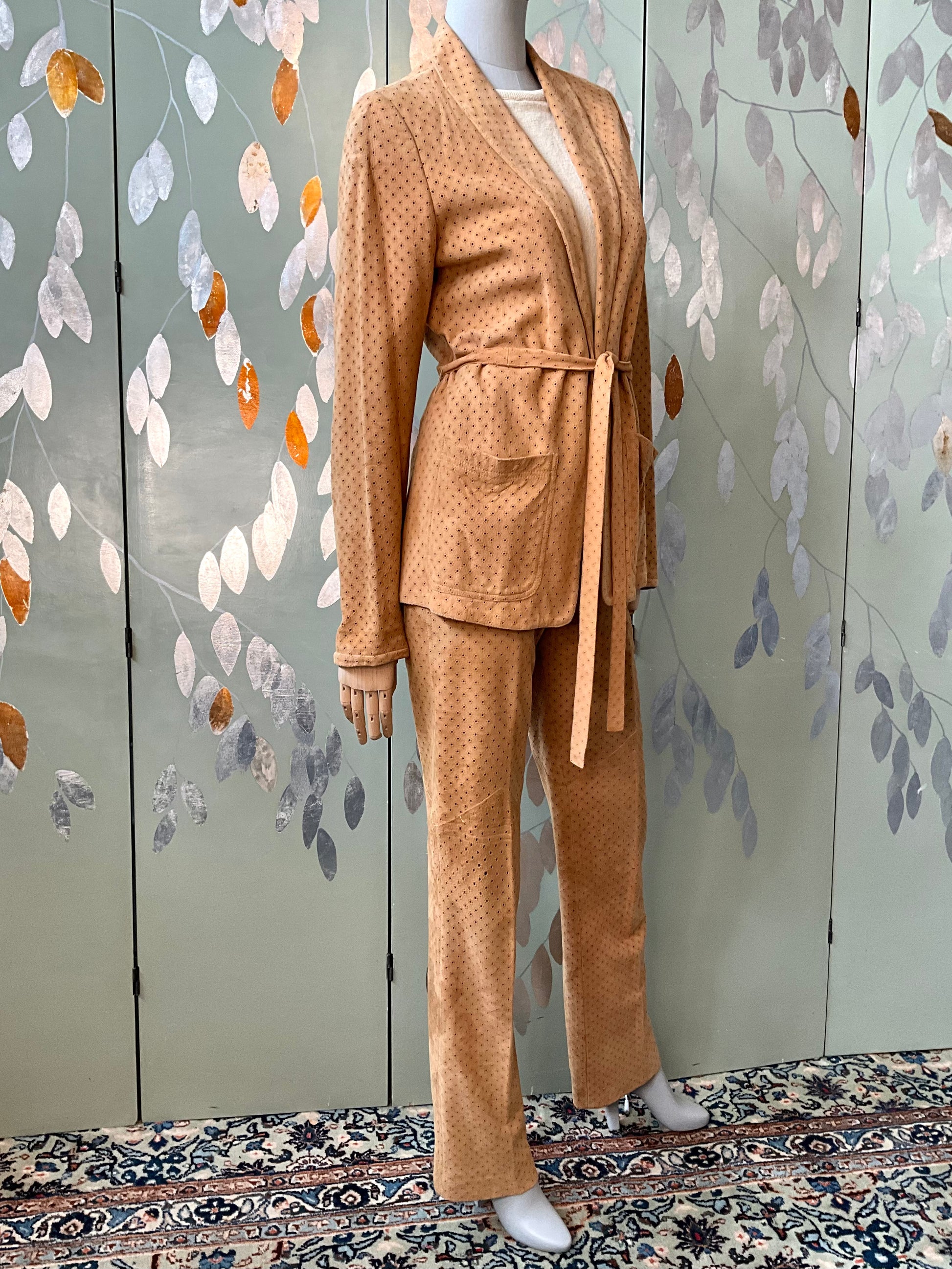 Vintage 1980s Tan Perforated Suede Pant Suit, Small 