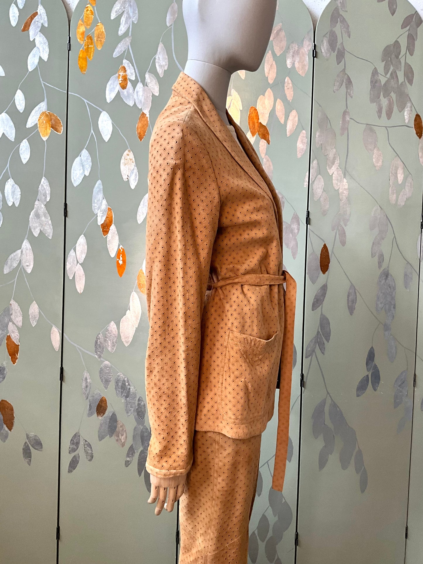 Vintage 1980s Tan Perforated Suede Pant Suit, Small 