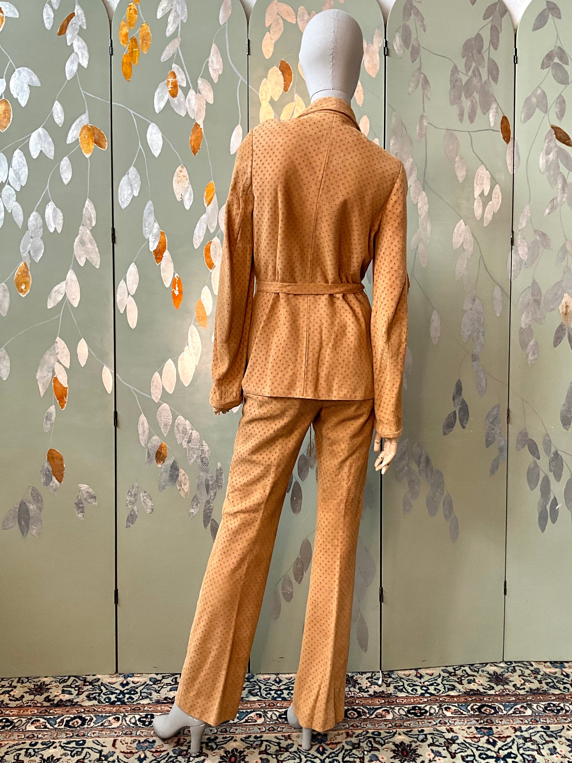 Vintage 1980s Tan Perforated Suede Pant Suit, Small 