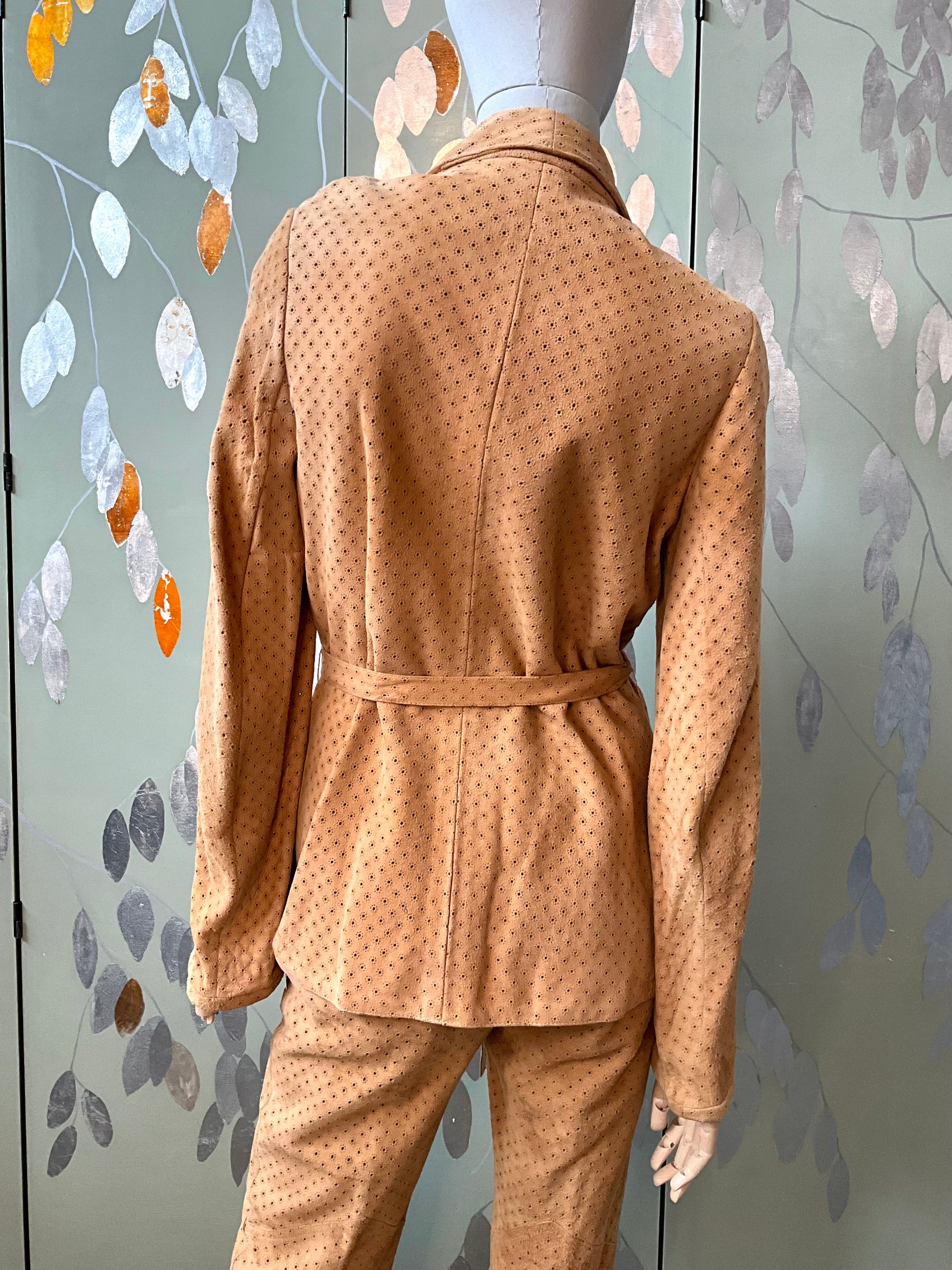 Vintage 1980s Tan Perforated Suede Pant Suit, Small 