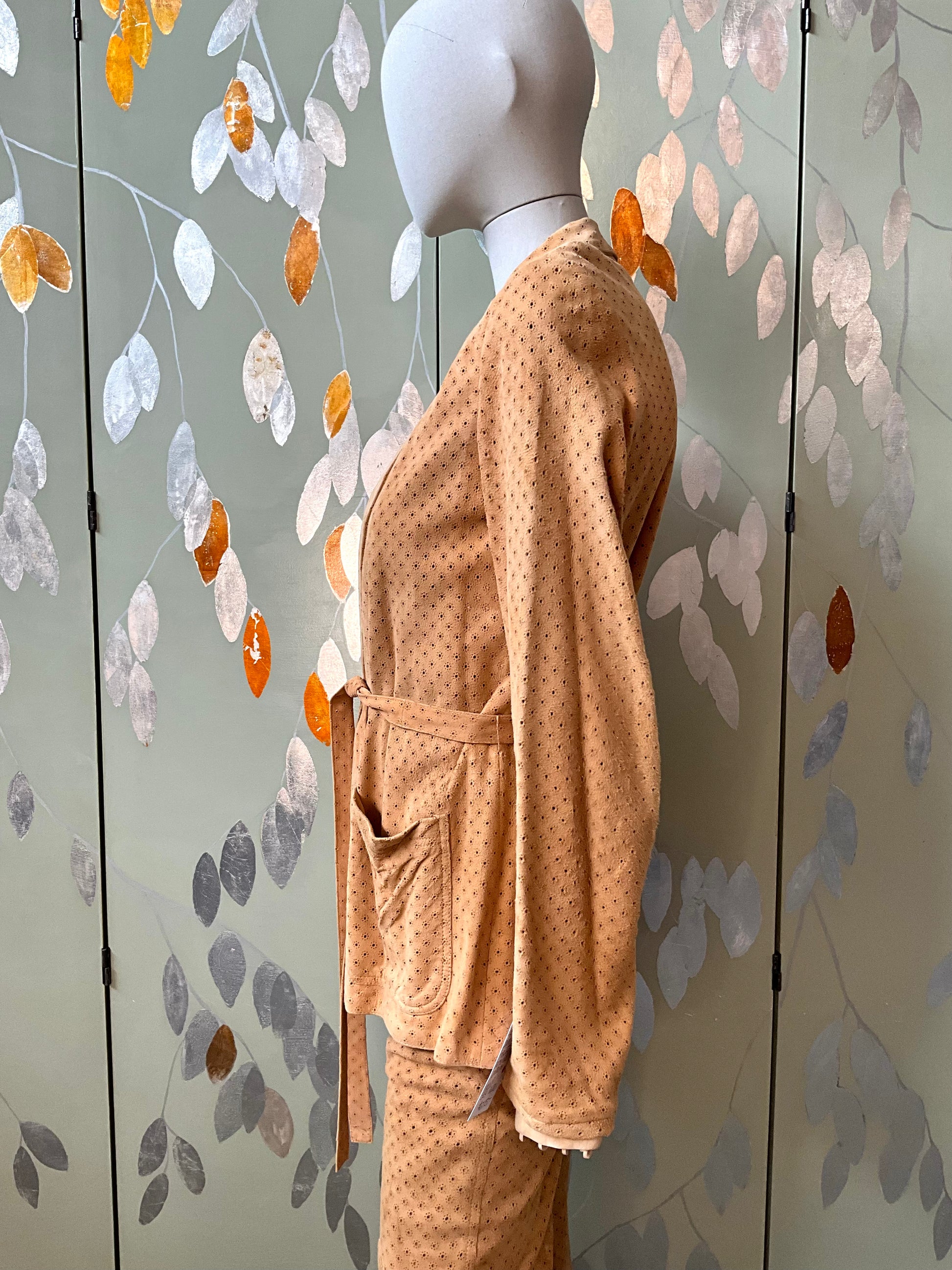 Vintage 1980s Tan Perforated Suede Pant Suit, Small 