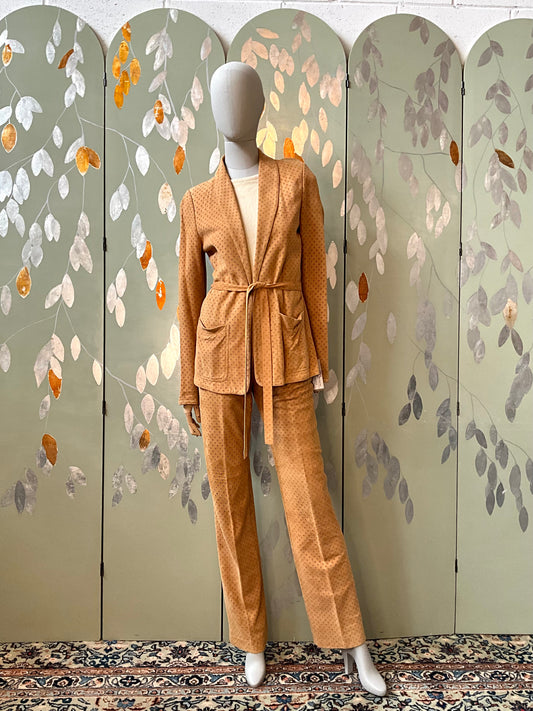 Vintage 1980s Tan Perforated Suede Pant Suit, Small 