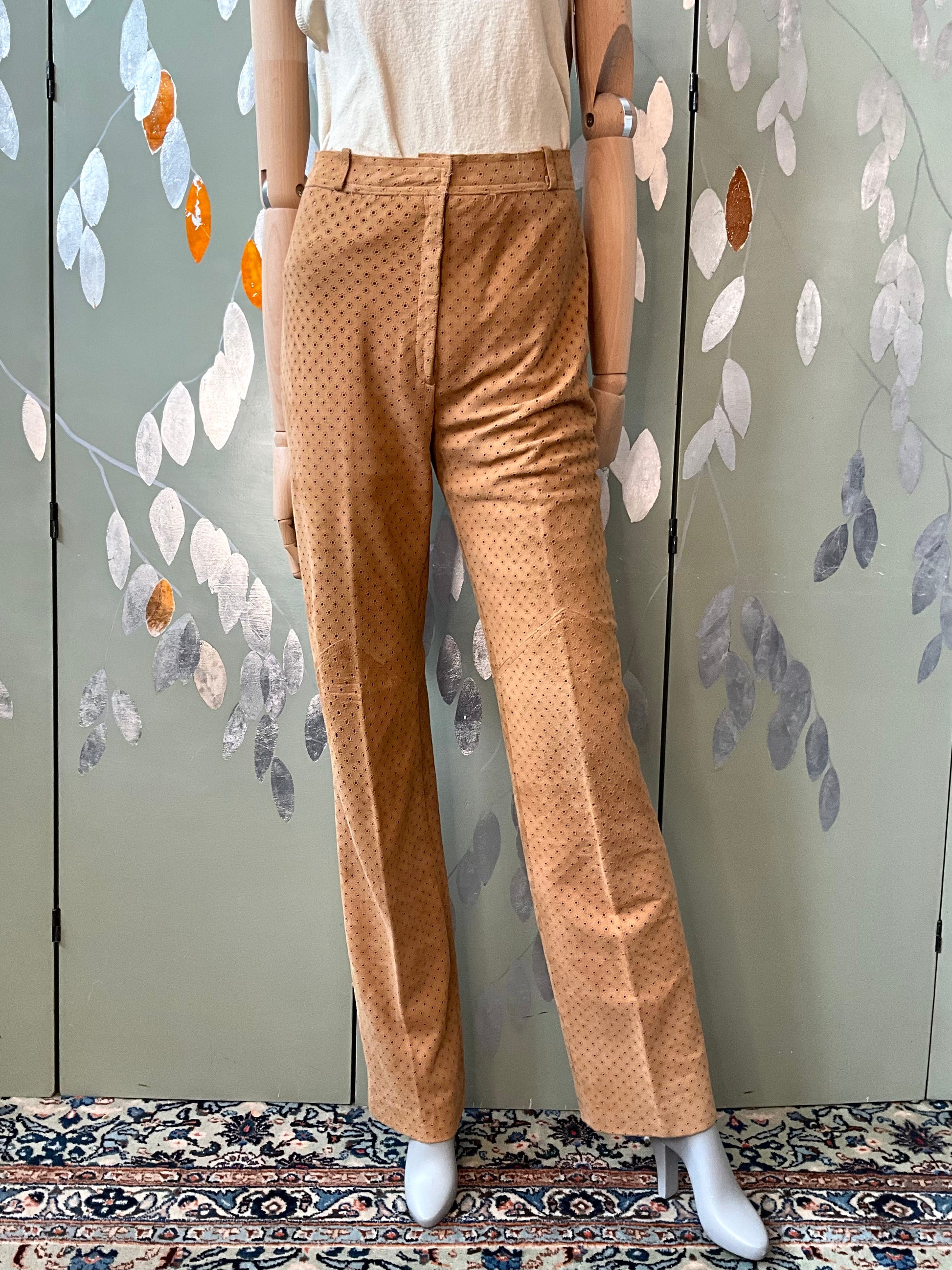 Vintage 1980s Tan Perforated Suede Pant Suit, Small 