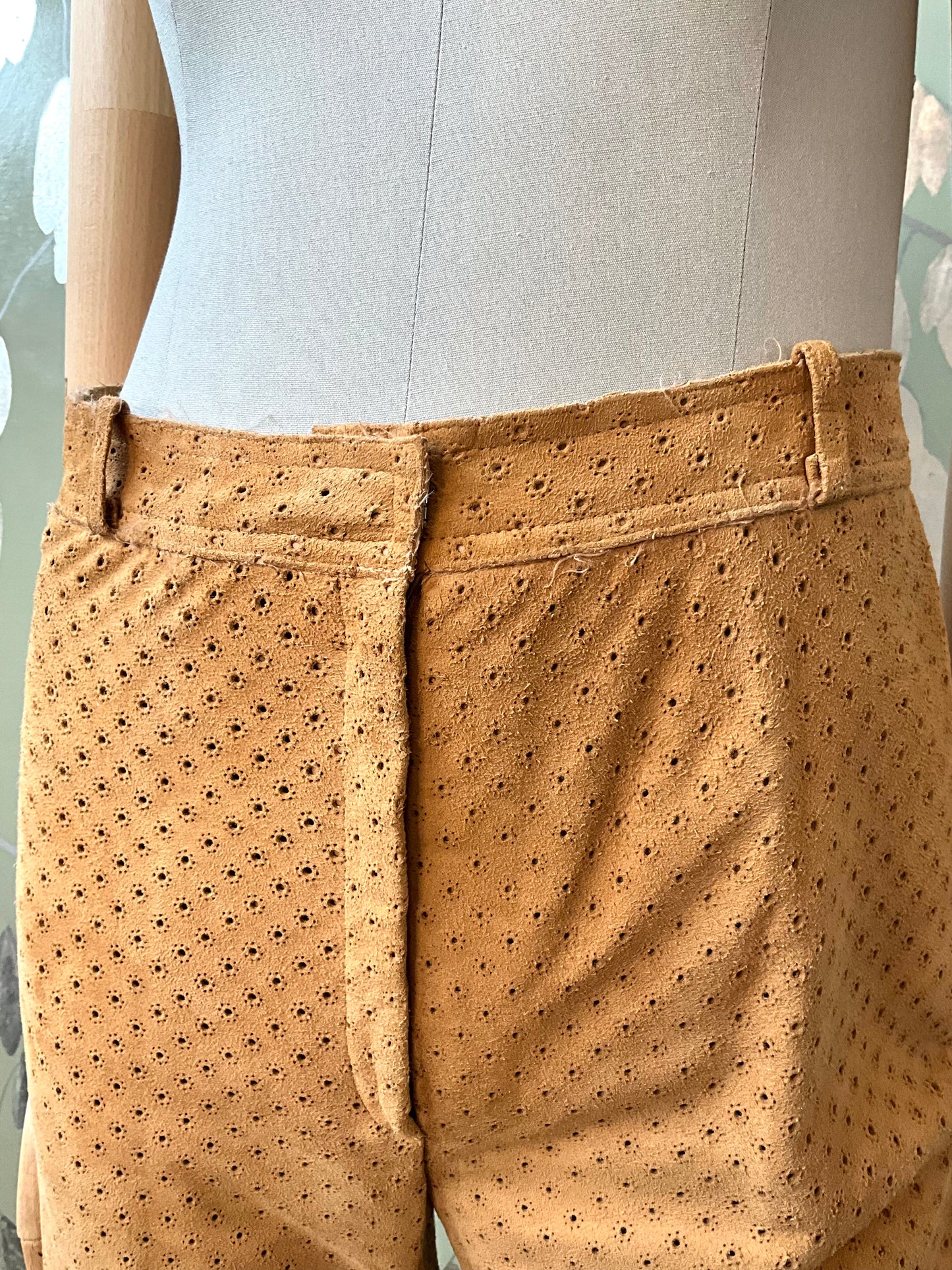 Vintage 1980s Tan Perforated Suede Pant Suit, Small 